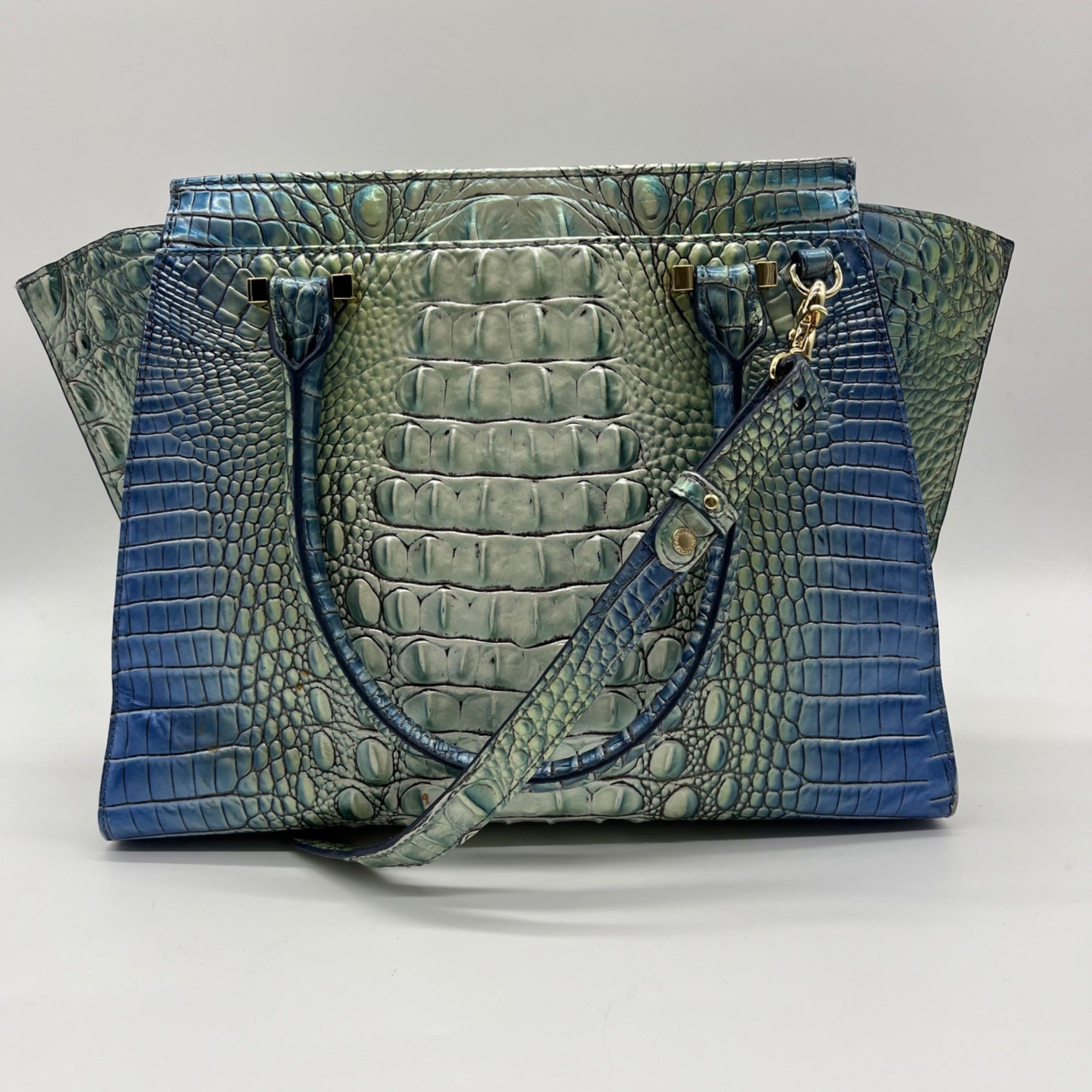 Brahmin Blue Leather Caroline Melbourne Embossed Satchel Bag