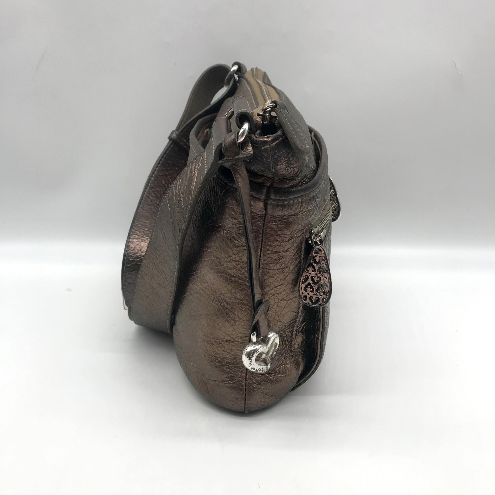 Brighton Metallic Silver Leather Messenger Crossbody Bag