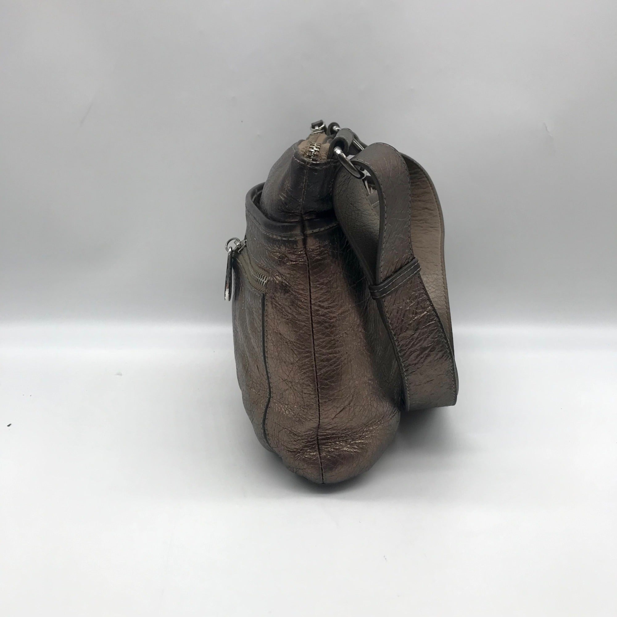Brighton Metallic Silver Leather Messenger Crossbody Bag