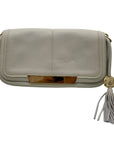 Vince Camuto Beige Pebbled Leather Fold Over Shoulder Bag