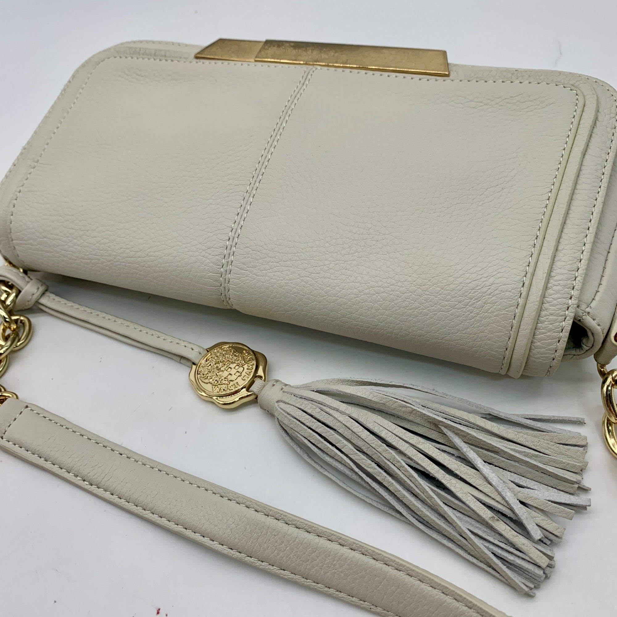 Vince Camuto Beige Pebbled Leather Fold Over Shoulder Bag