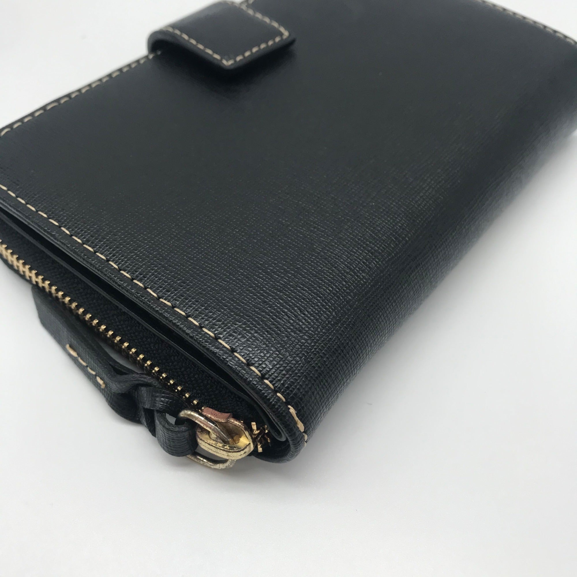 Dooney &amp; Bourke Black Saffiano Leather Folding Zip Around Wallet