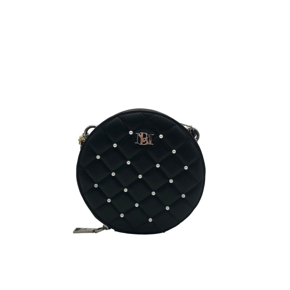 Badgley Mischka Black And Pearl Accent Faux Leather Circle Crossbody