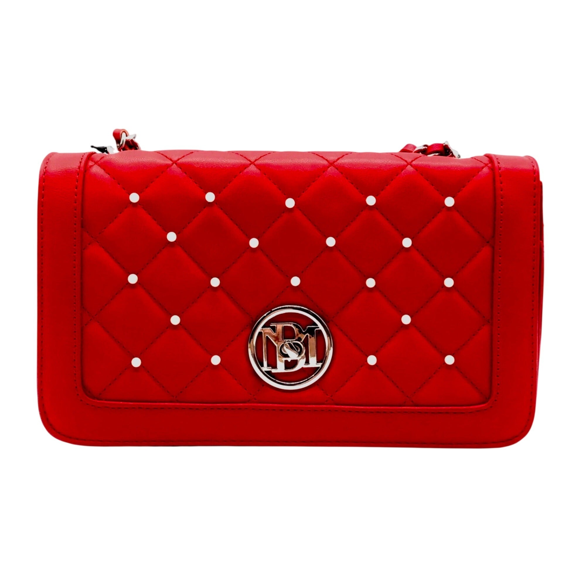 Badgley Mischka Red Quilted Faux Leather And Pearl Crossbody