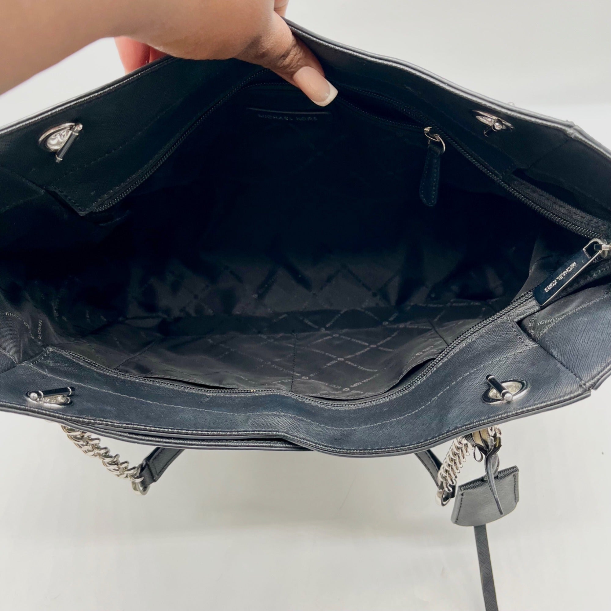 Michael Kors Black Monogram Canvas Jet Set Logo Chain Shoulder Bag
