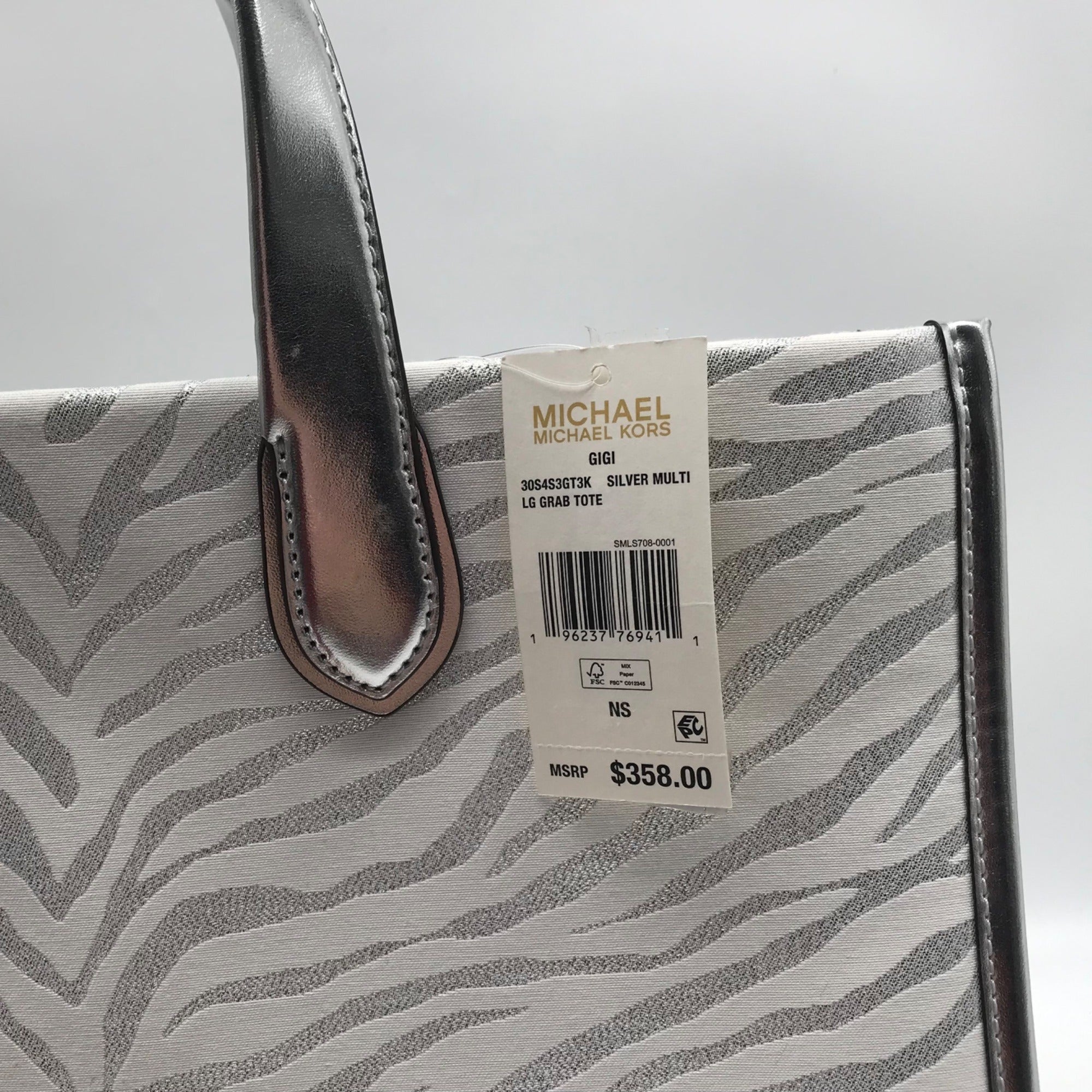 Michael Kors Gigi Silver Zebra Print Large Grab Tote