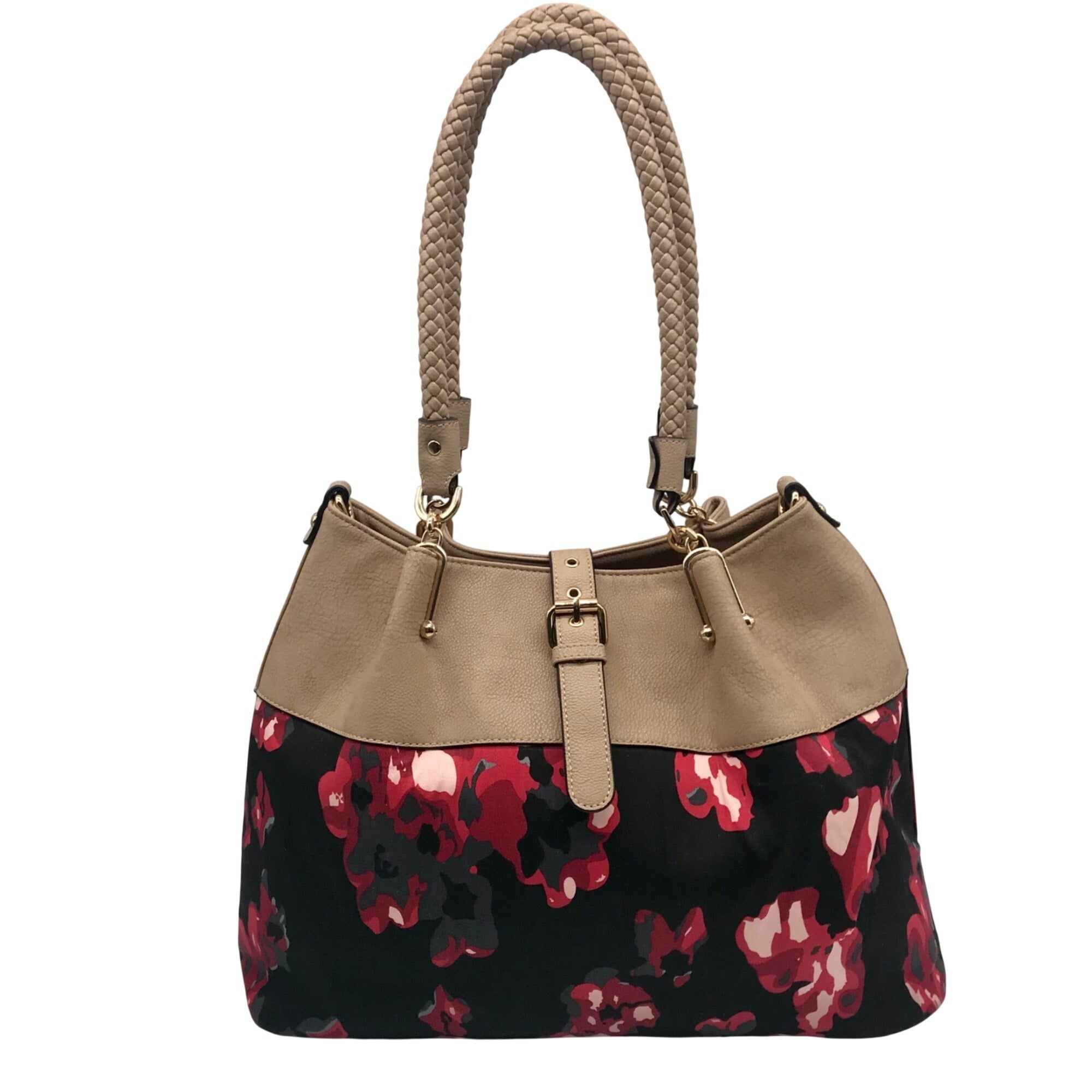 Black Rivet Floral Fabric/Faux Leather Shoulder Bag Tote
