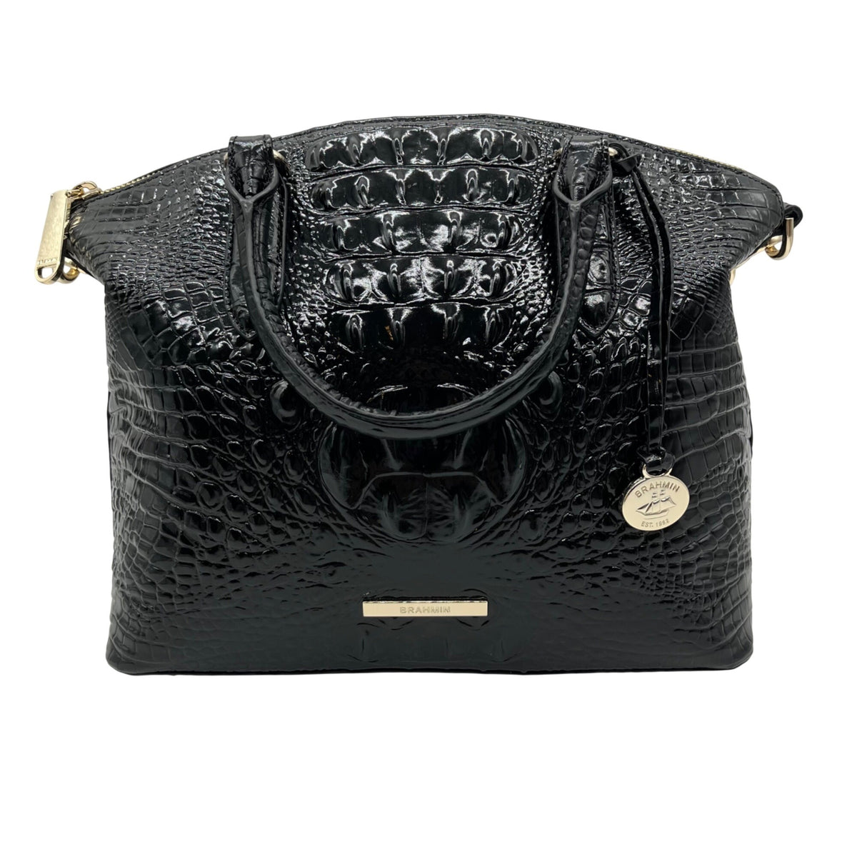 Brahmin Black Croc-Embossed Leather Convertible Satchel