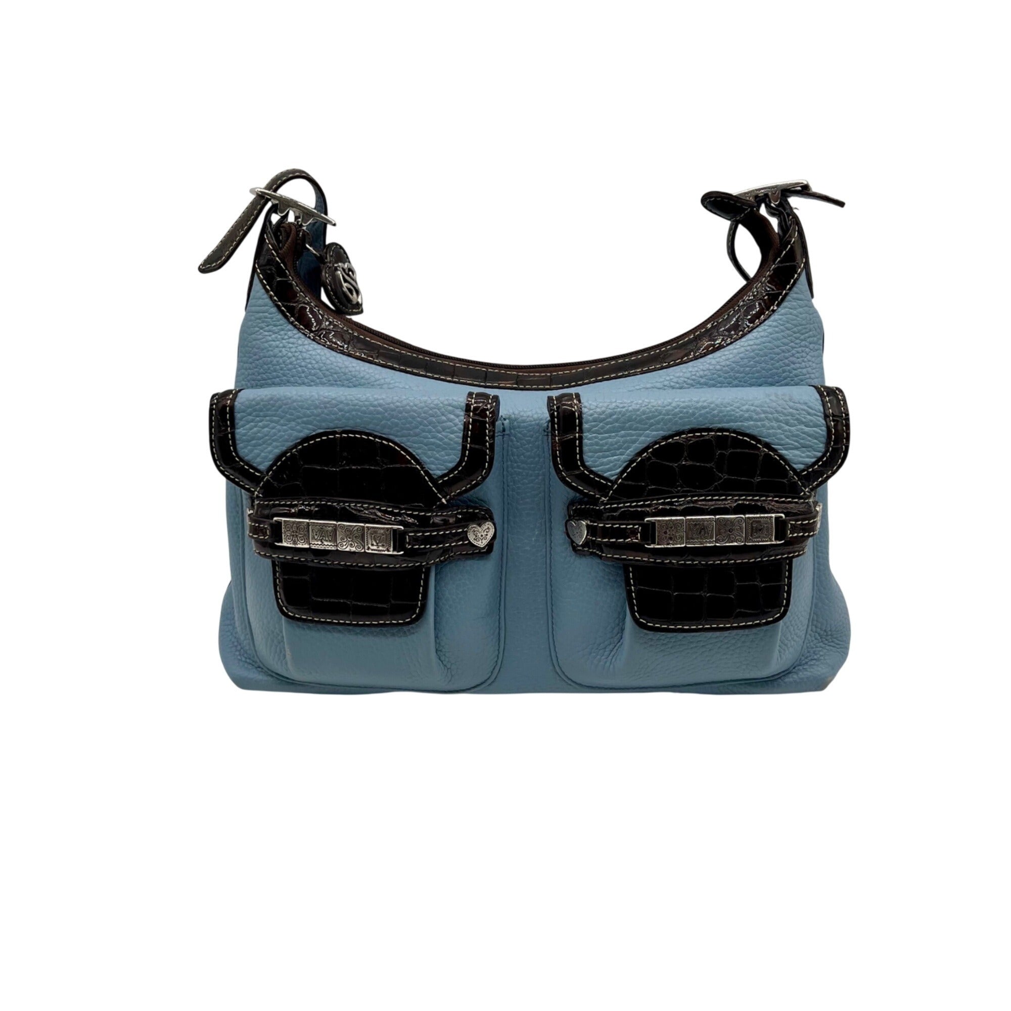 Brighton Sky Blue Pebbled Leather And Croc-Embossed Shoulder Bag