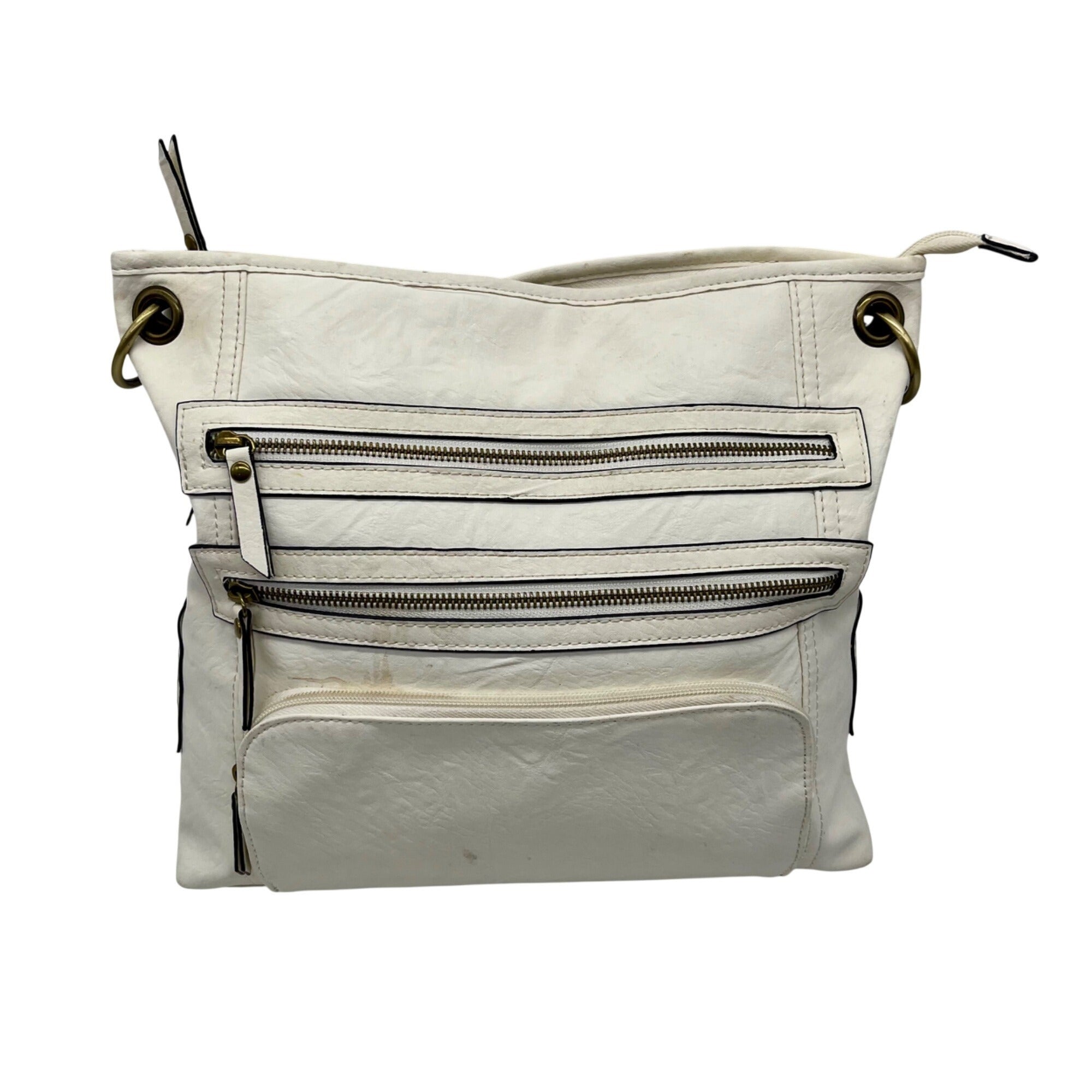 Bueno White Faux Leather Multi-Pocket Crossbody Bag