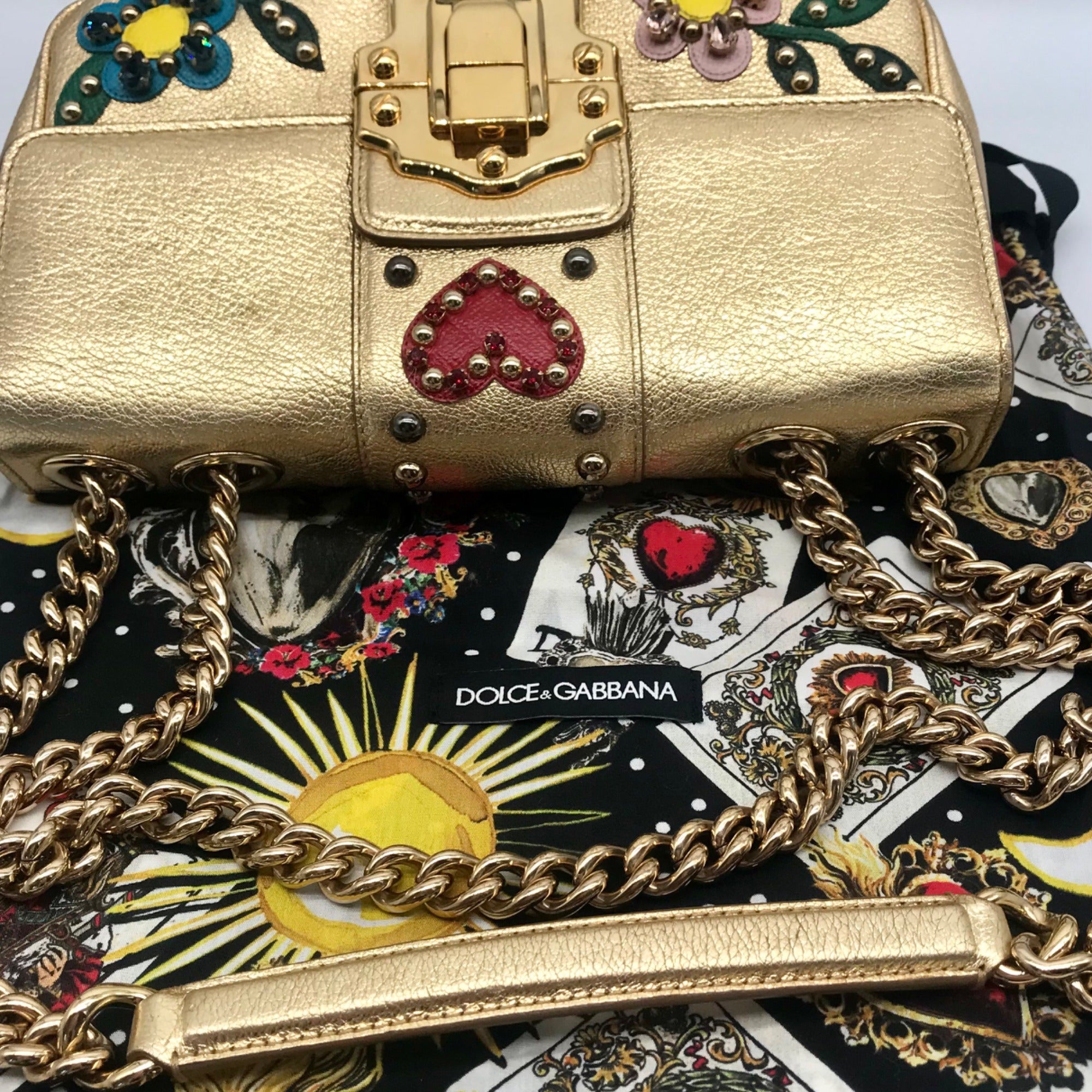 Dolce &amp; Gabbana Lucia Embellished Gold Leather Shoulder Bag