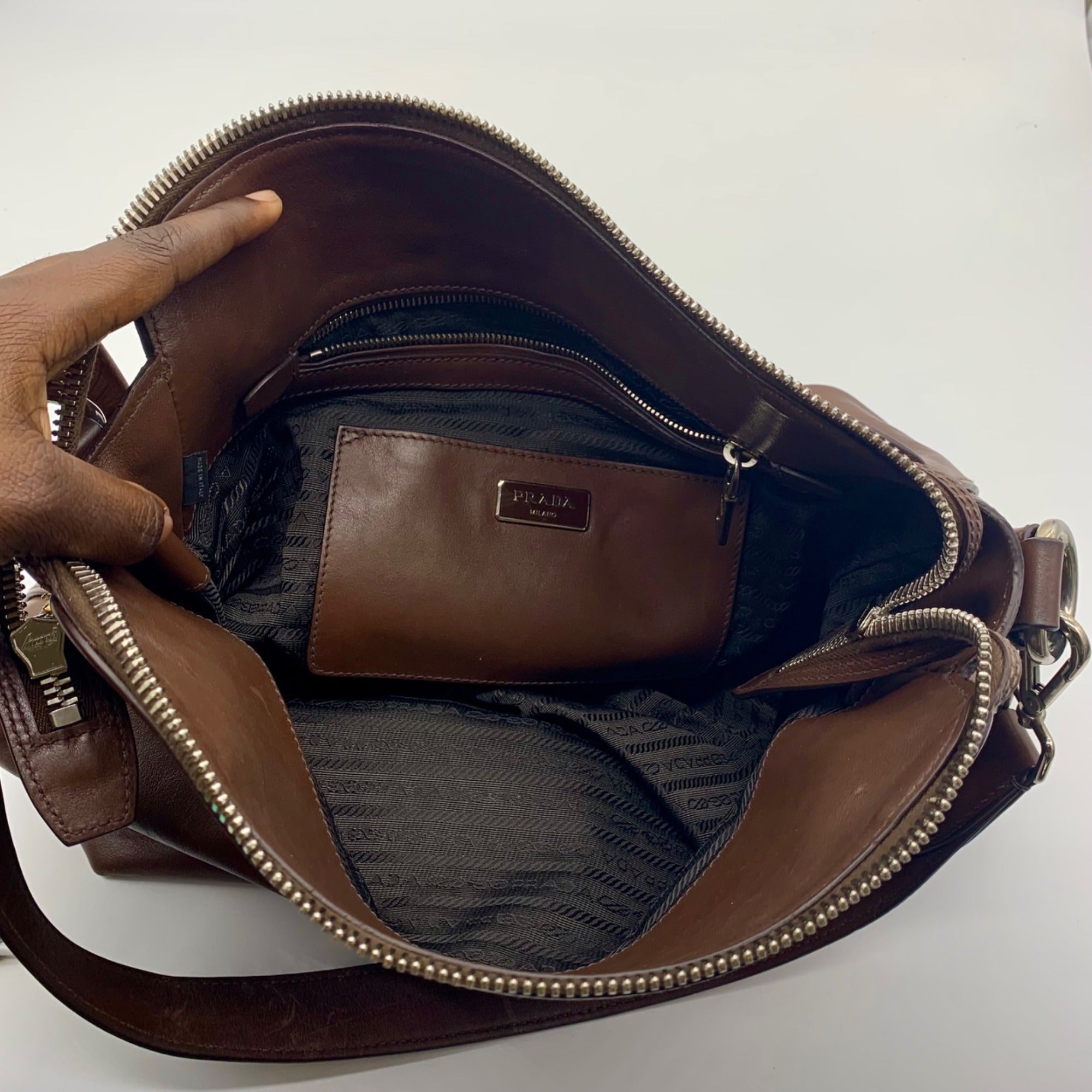 Prada Brown Cervo Leather Hobo Bag