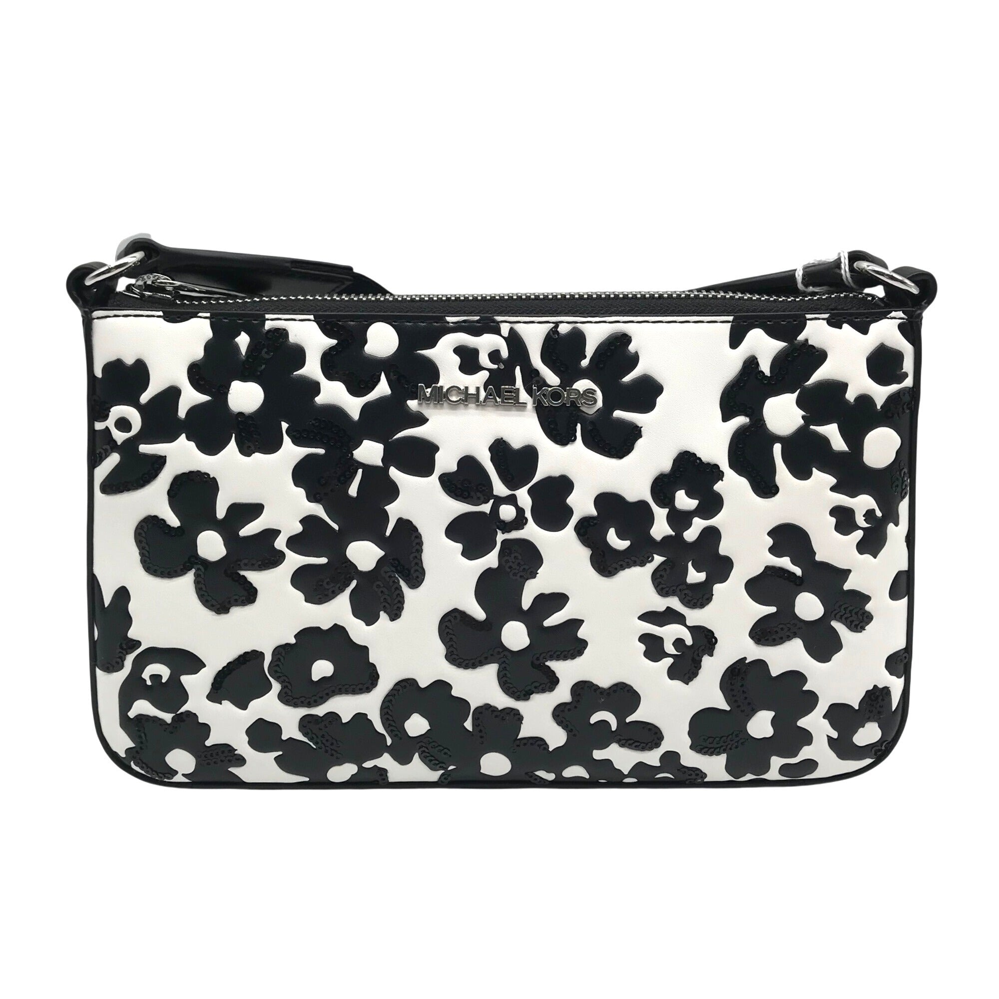 Michael Kors Black And White Leather Floral Print Crossbody Bag