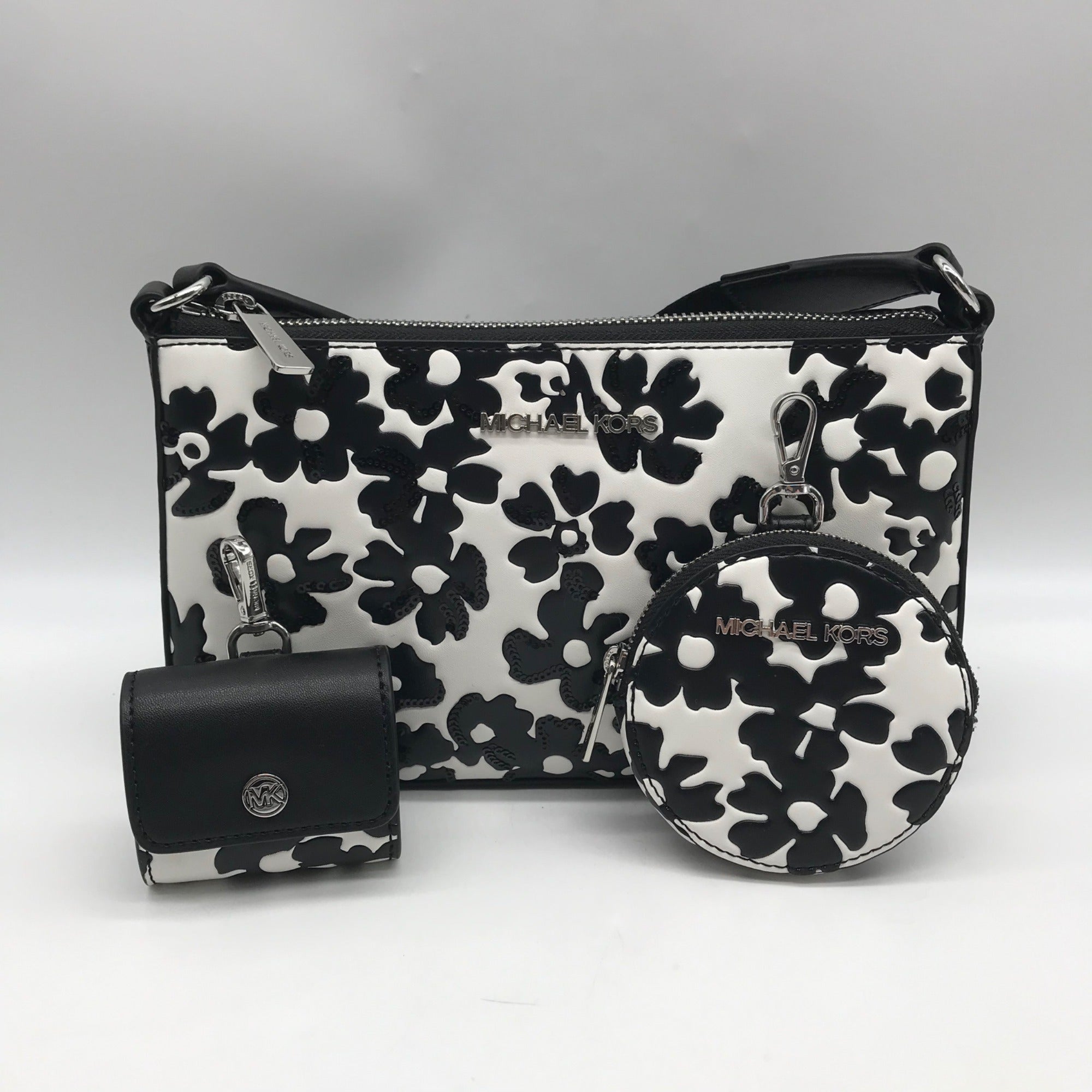 Michael Kors Black And White Leather Floral Print Crossbody Bag