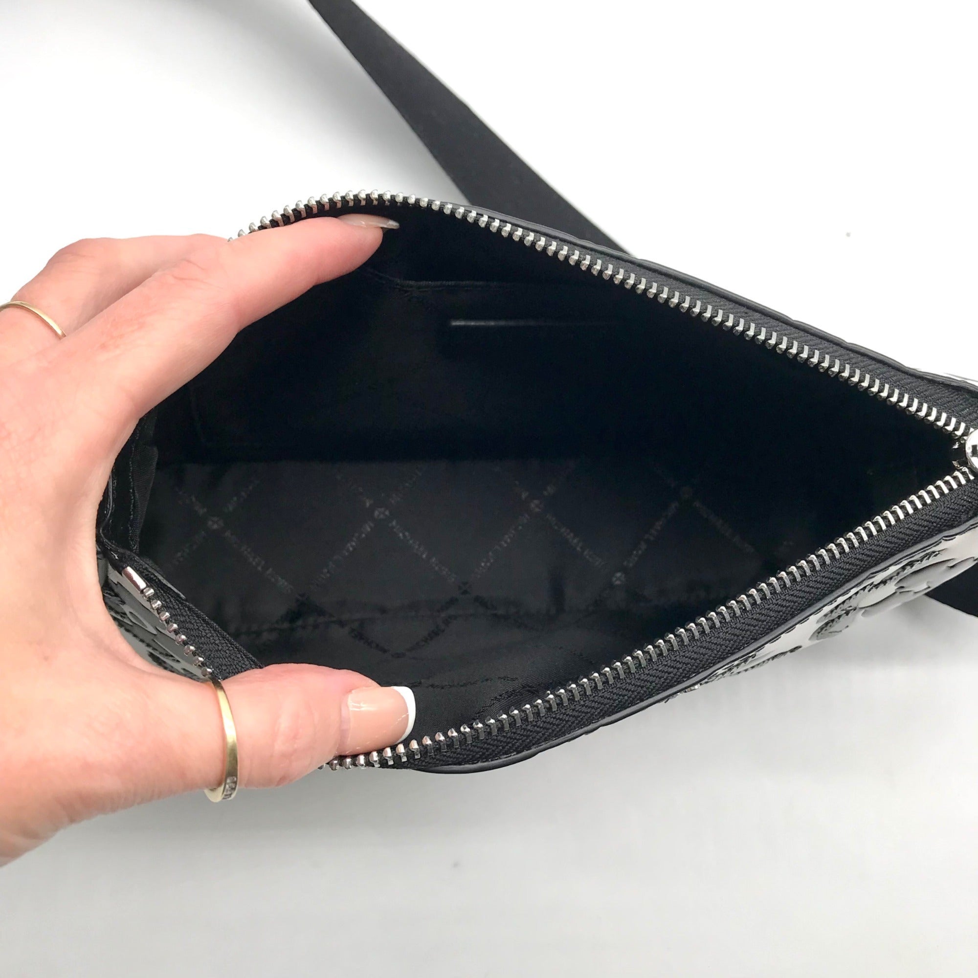 Michael Kors Black And White Leather Floral Print Crossbody Bag
