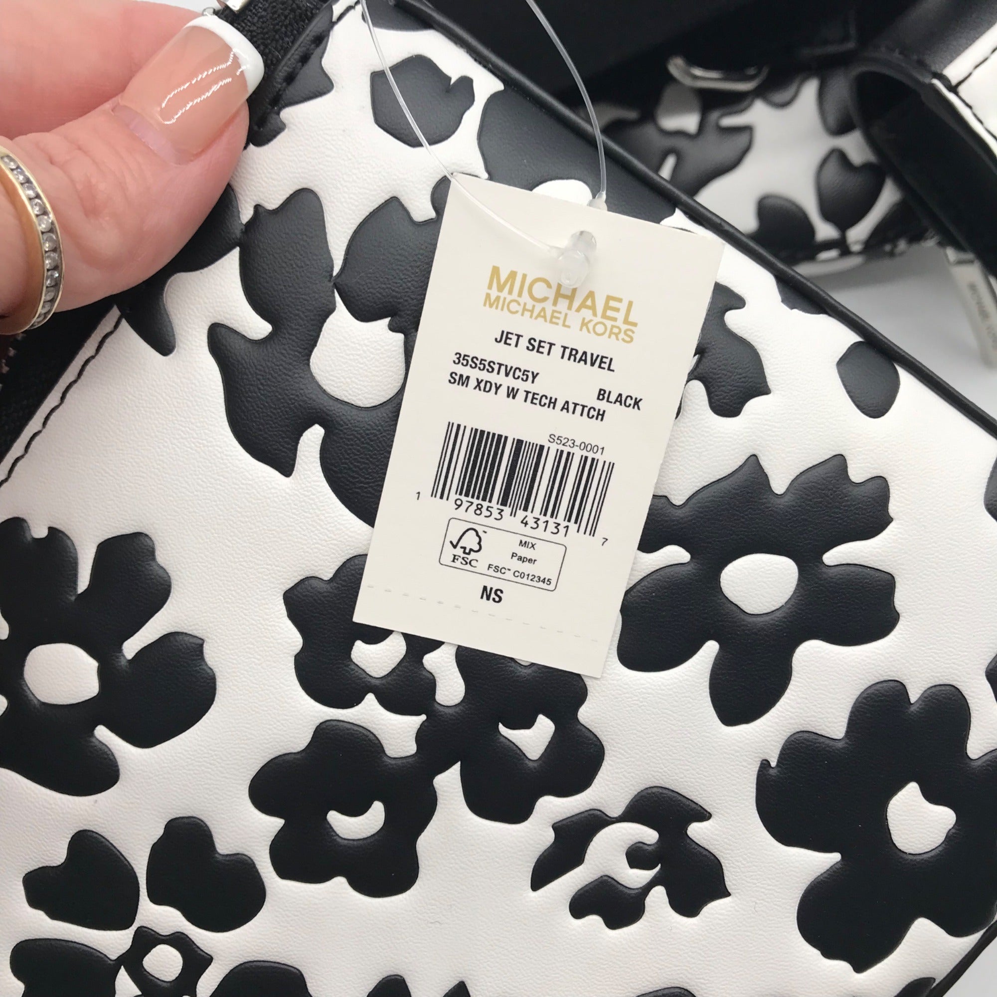 Michael Kors Black And White Leather Floral Print Crossbody Bag
