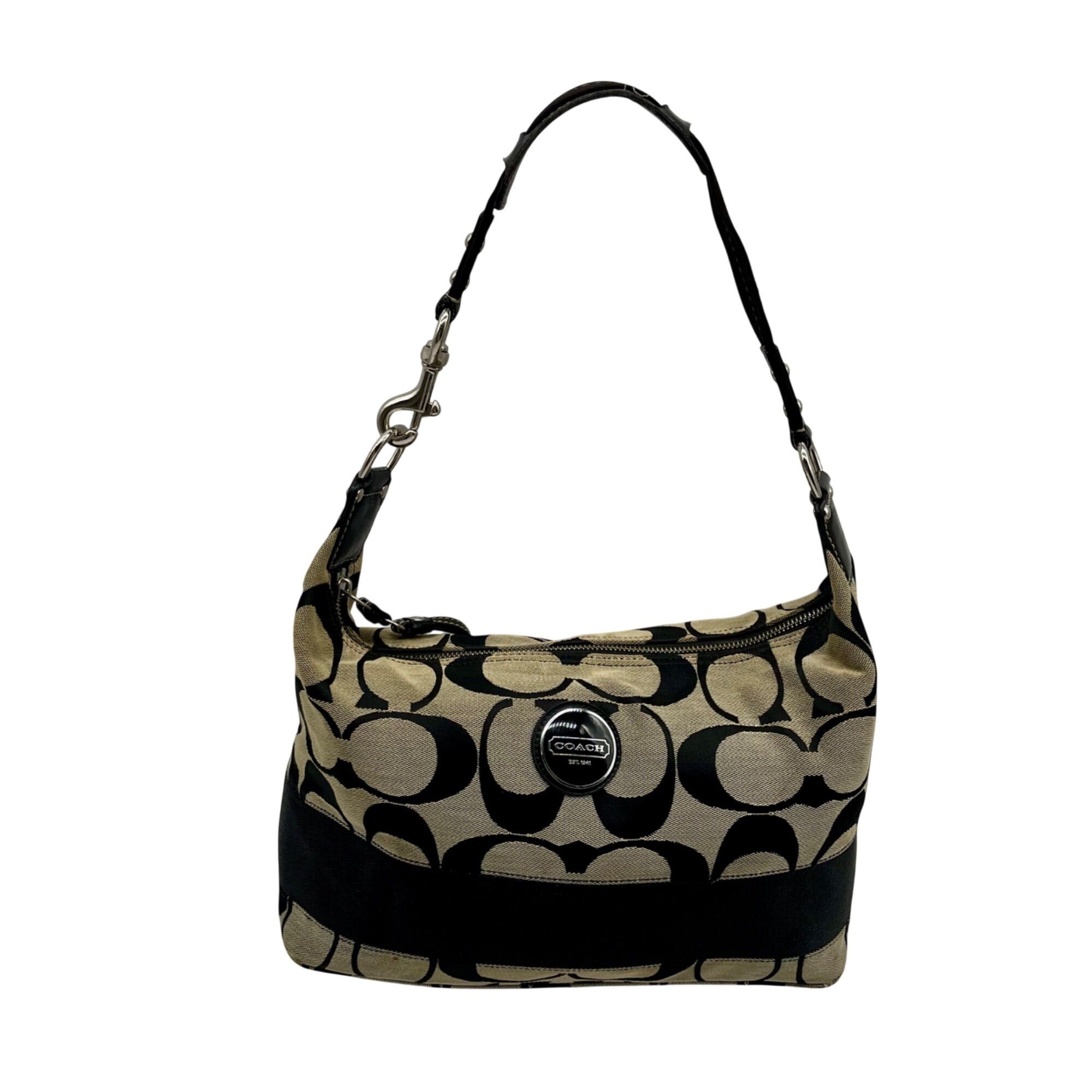 Coach Black Signature Strip Canvas Hobo Bag- F17434