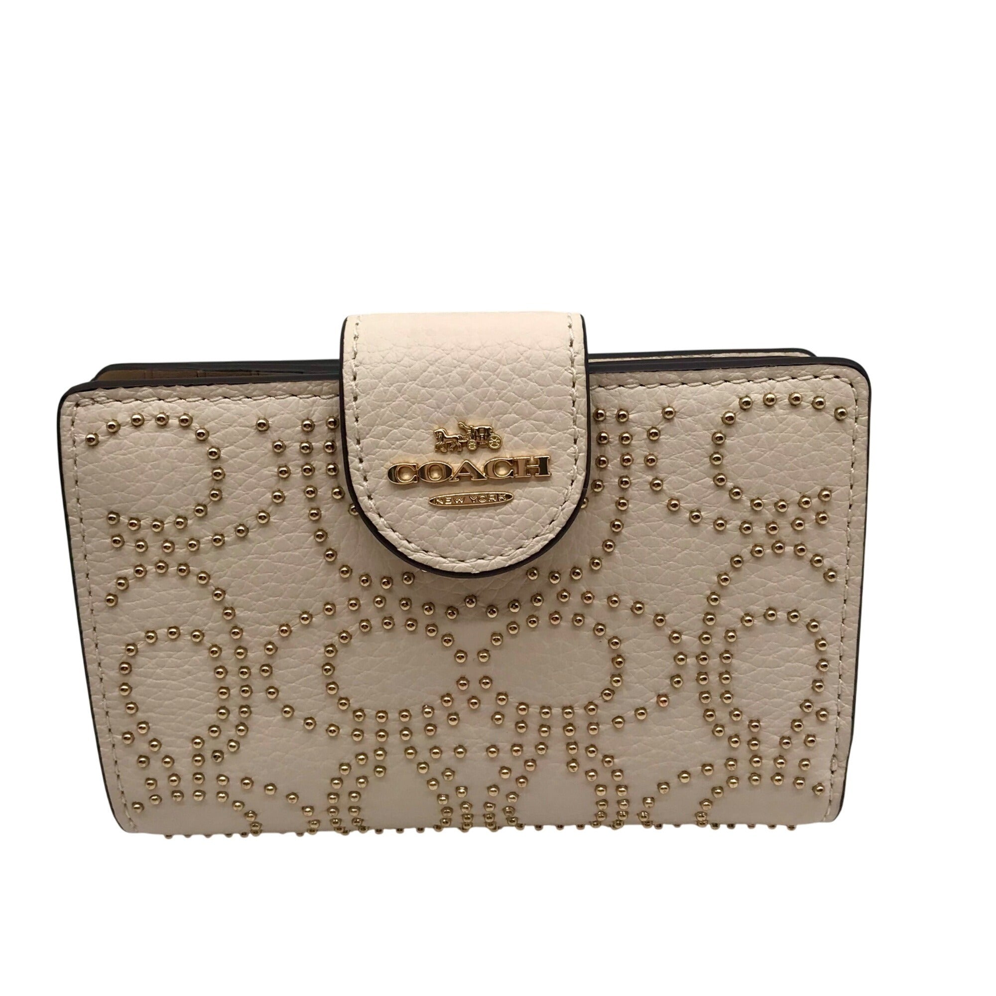 Coach Chalk Pebbled Leather Signature Rivets Corner Zip Wallet 