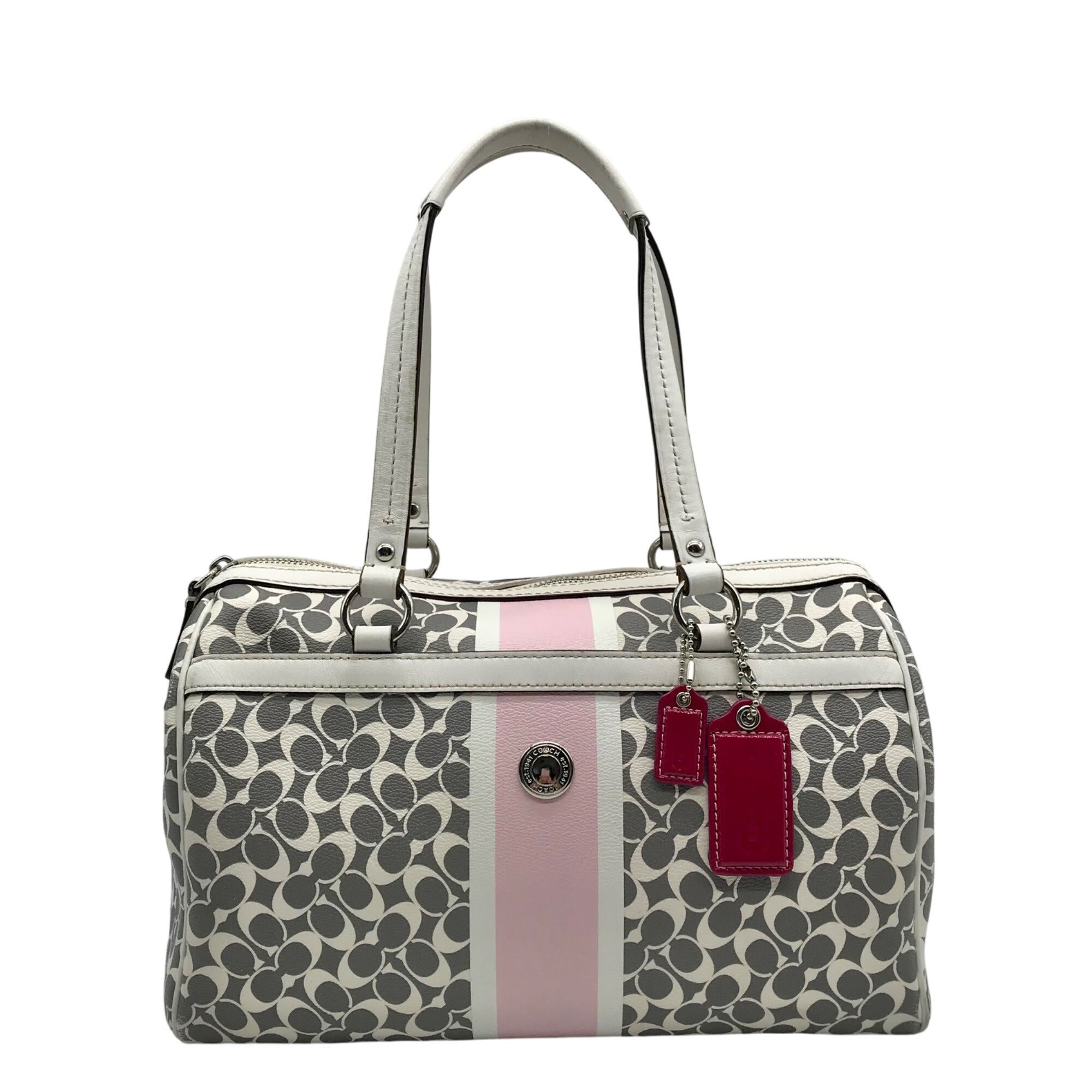 Coach Gray Pebbled Leather Signature Stripe Heritage Satchel Bag F15132