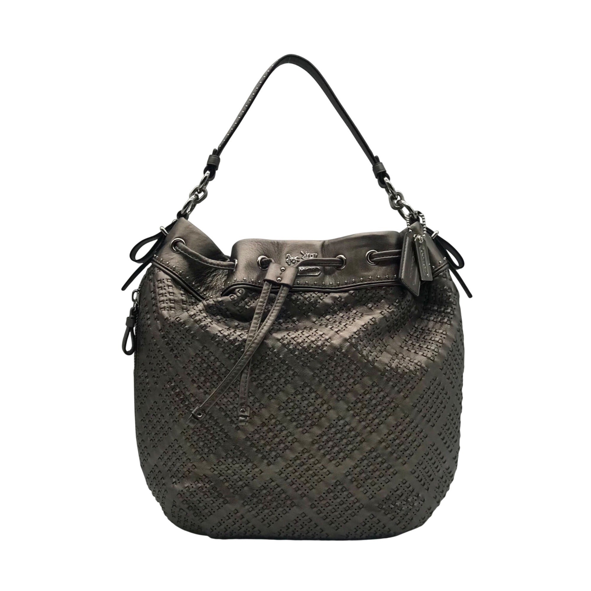 Coach Metallic Perforated Leather Drawstring Shoulder Bag