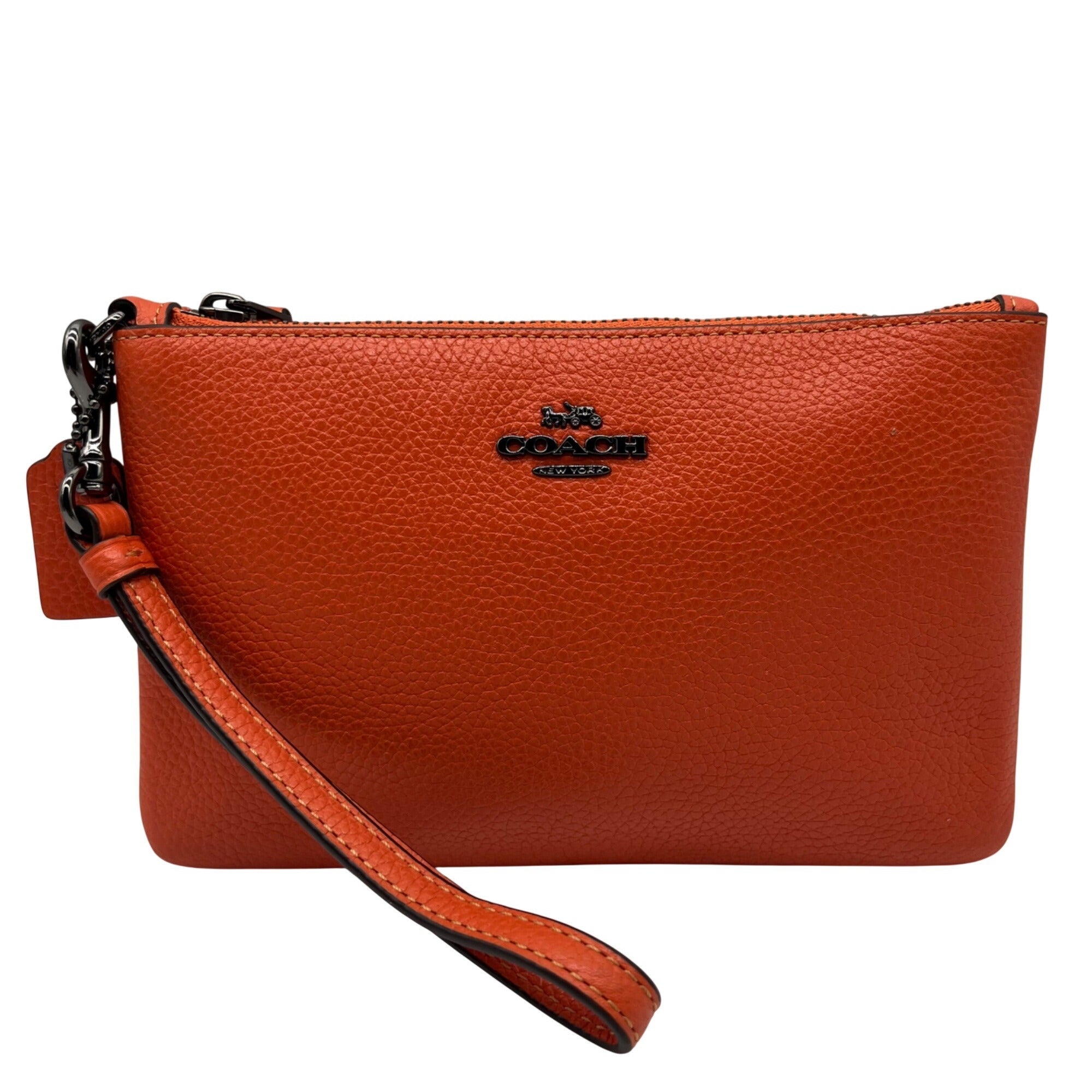 Coach Orange Leather Polished Pebble Small Wristlet