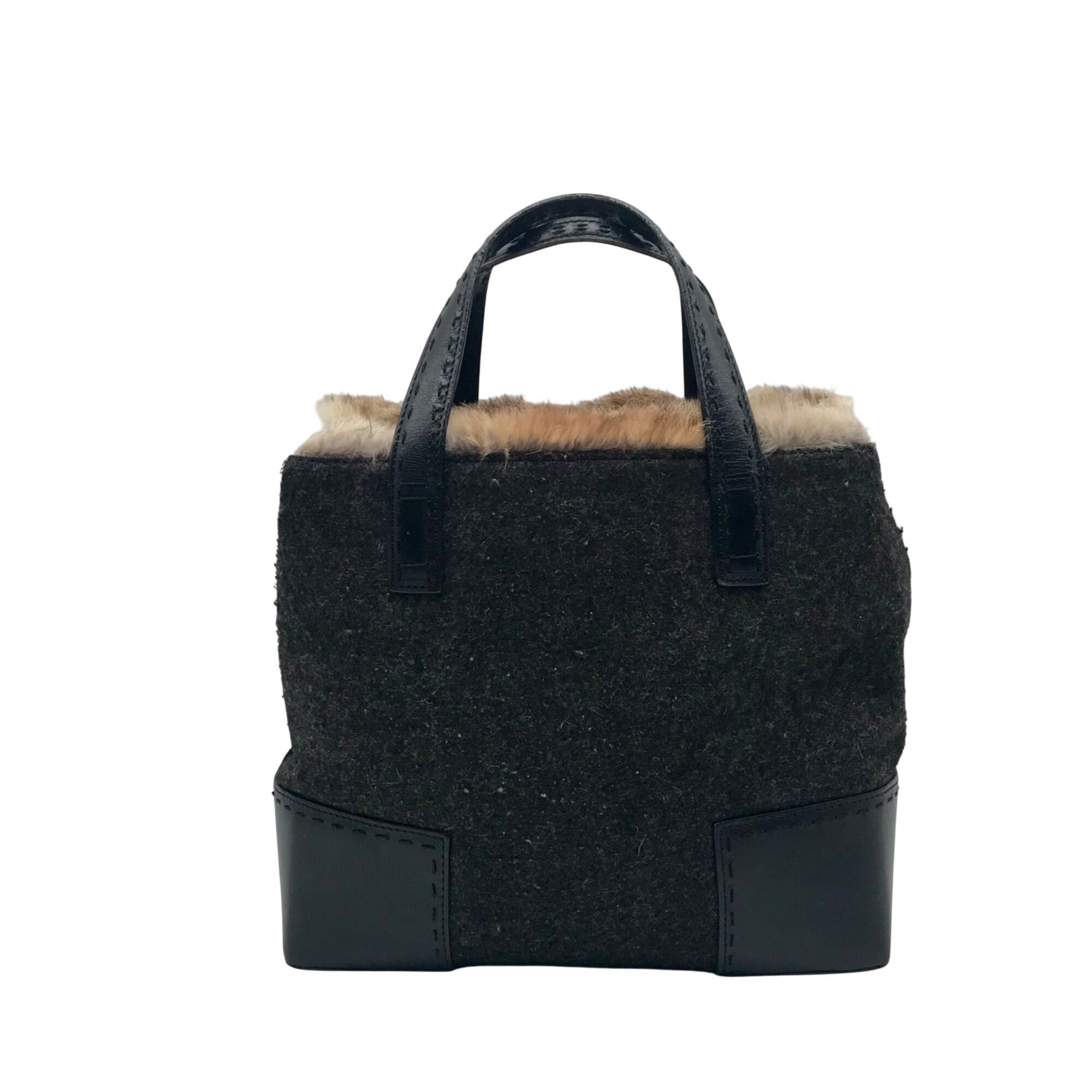 Cole Haan Black Wool Rabbit Fur Leather Tote Bag 