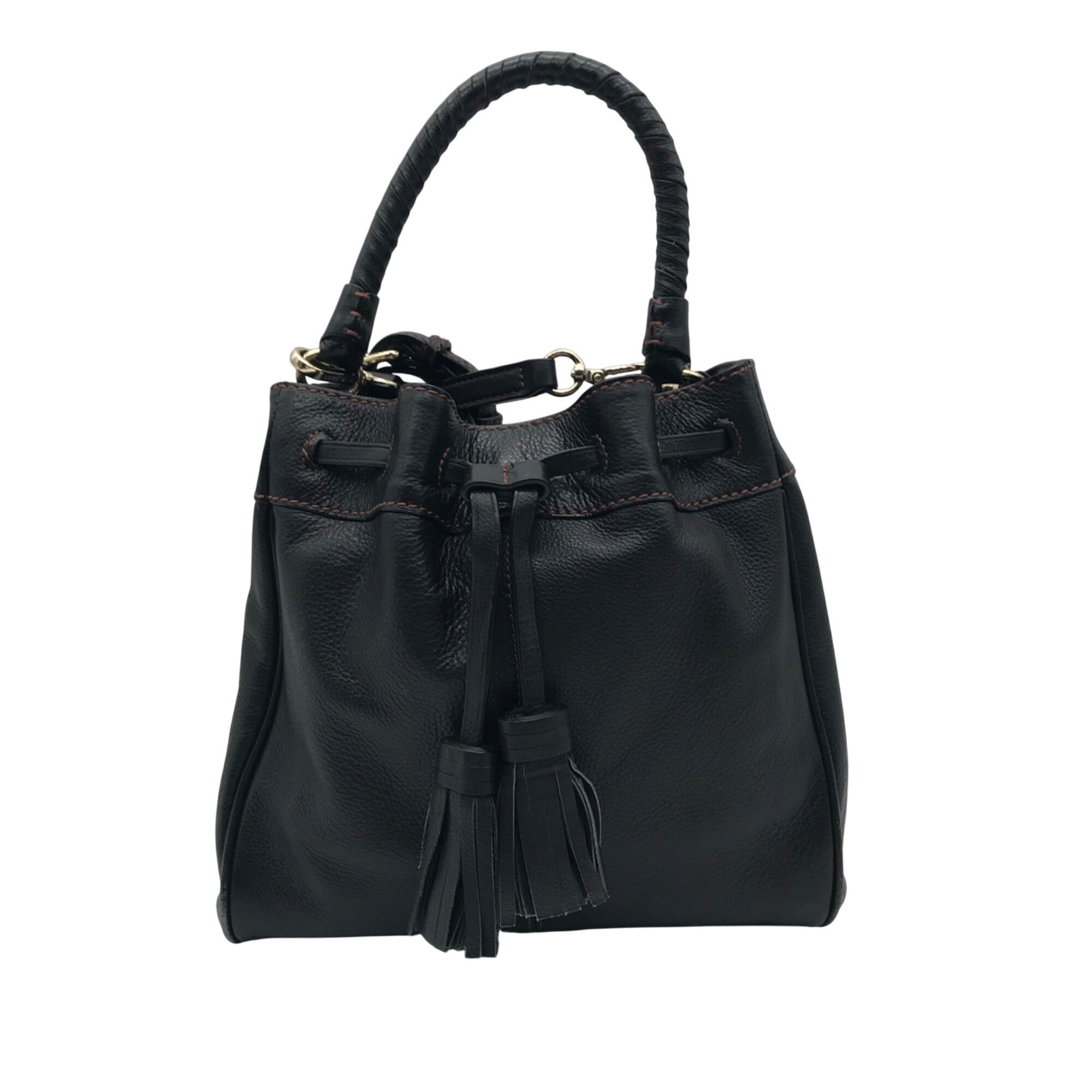 Cole Hann Black Pebbled Leather Drawstring Bucket Bag