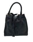 Cole Hann Black Pebbled Leather Drawstring Bucket Bag