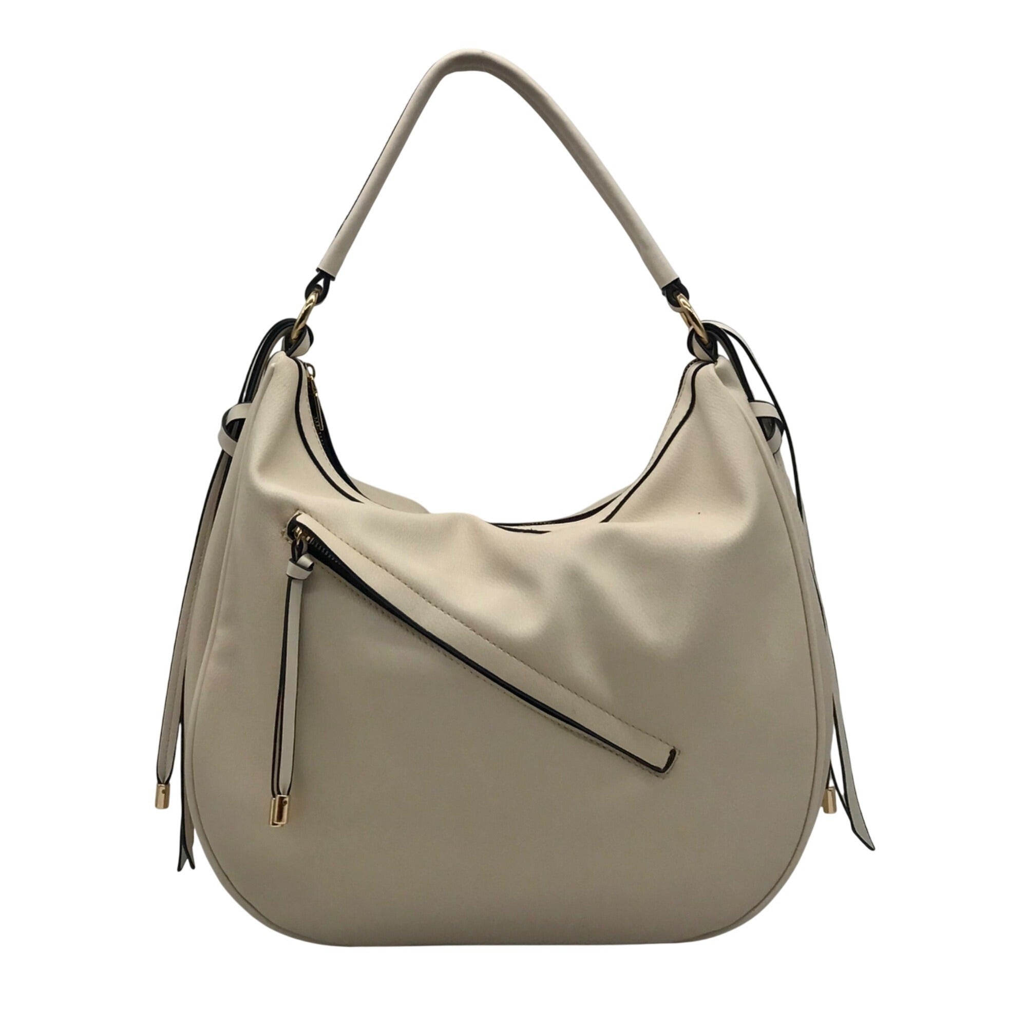 Cream Faux Leather Tassel Design Slouchy Tote Bag