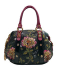 Marino Orlandi Handpainted Black with Pink Flowers Leather Designer Satchel