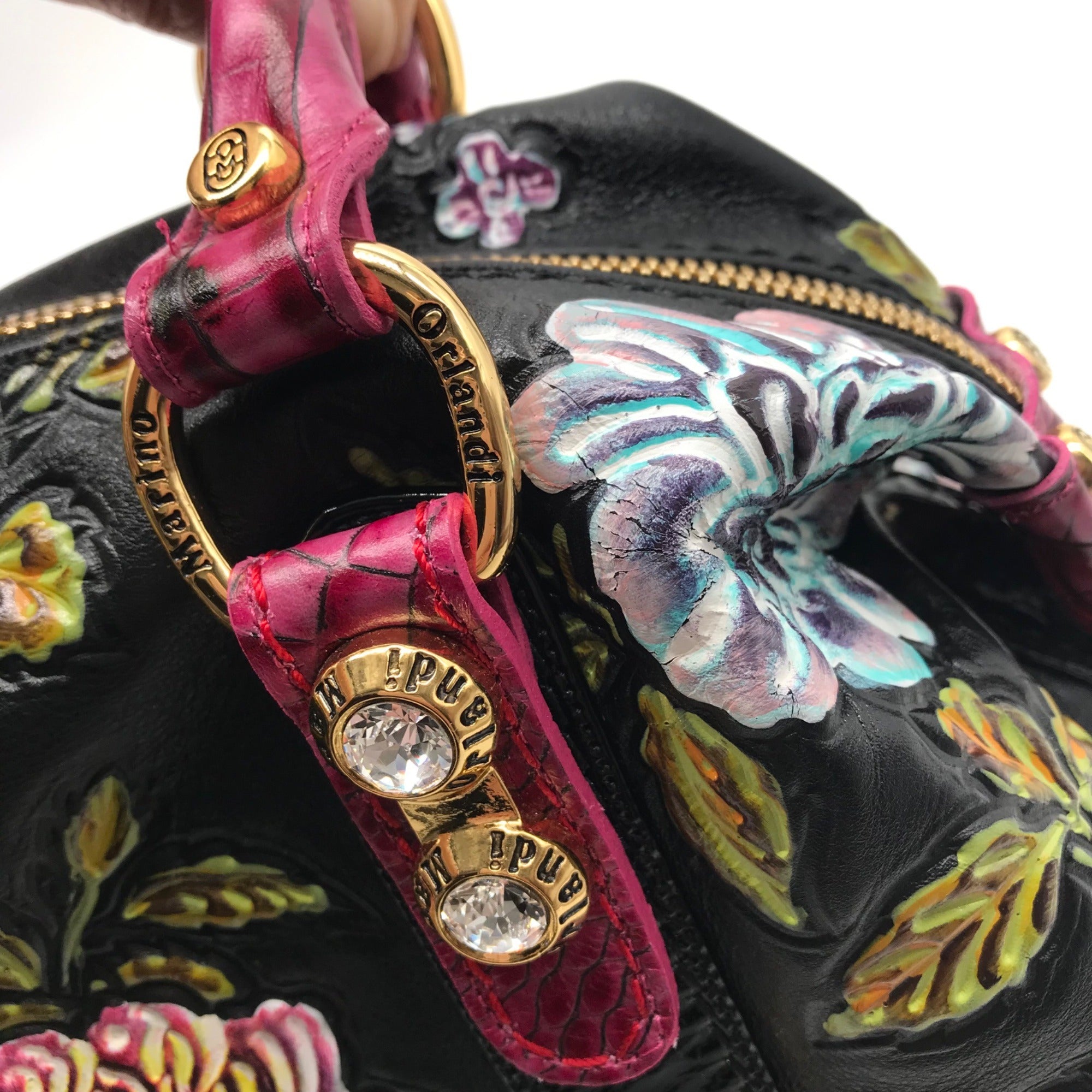 Marino Orlandi Handpainted Black with Pink Flowers Leather Designer Satchel