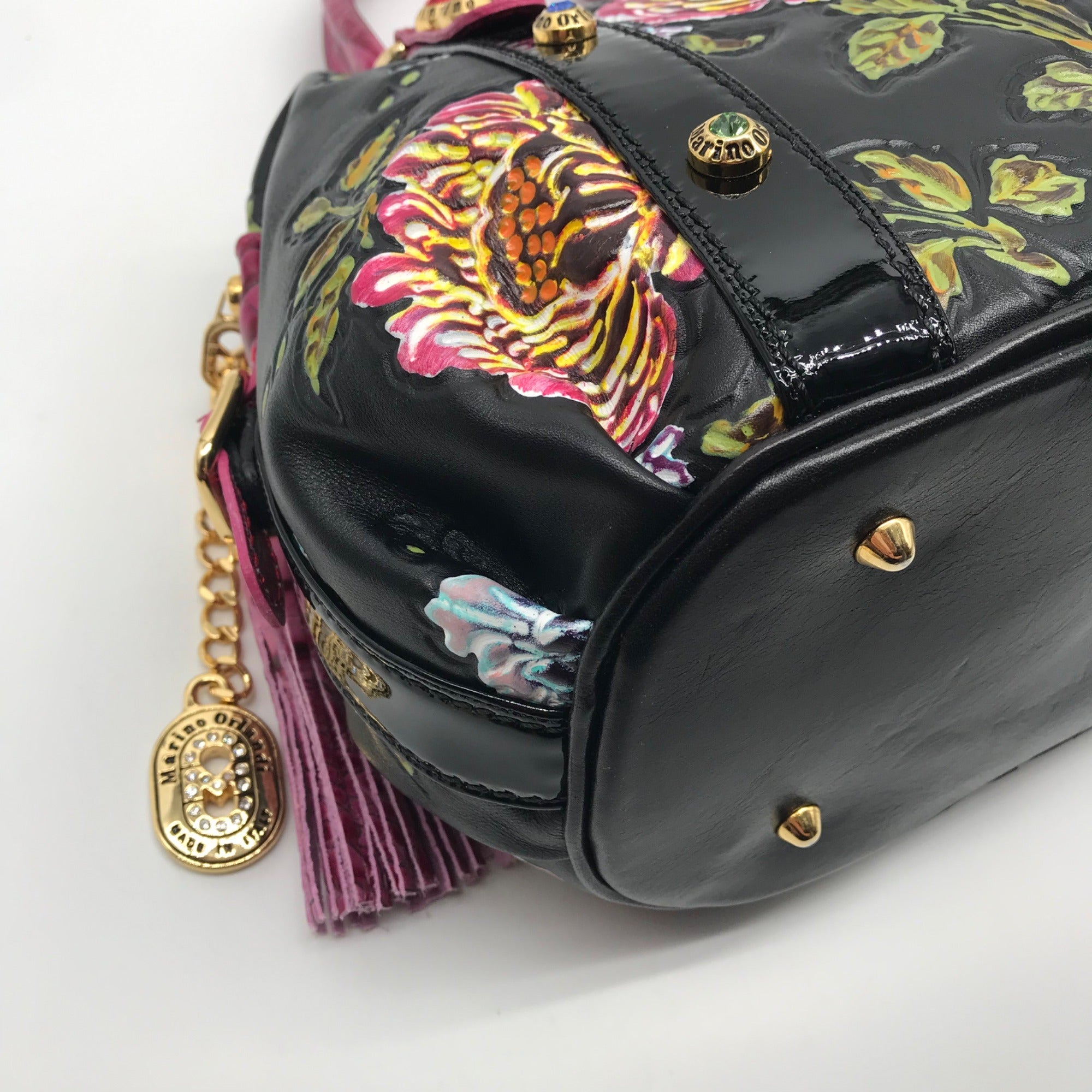 Marino Orlandi Handpainted Black with Pink Flowers Leather Designer Satchel