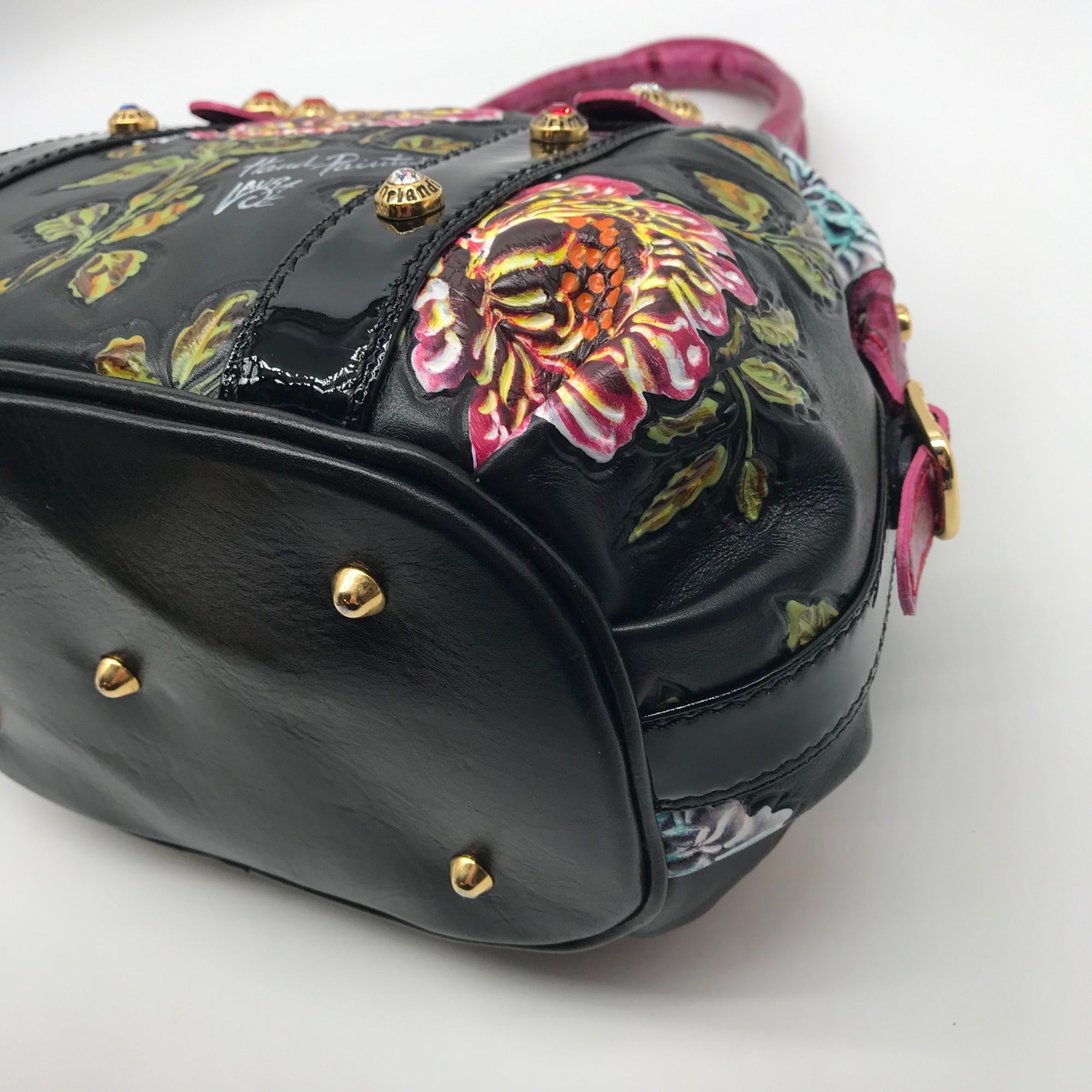 Marino Orlandi Handpainted Black with Pink Flowers Leather Designer Satchel