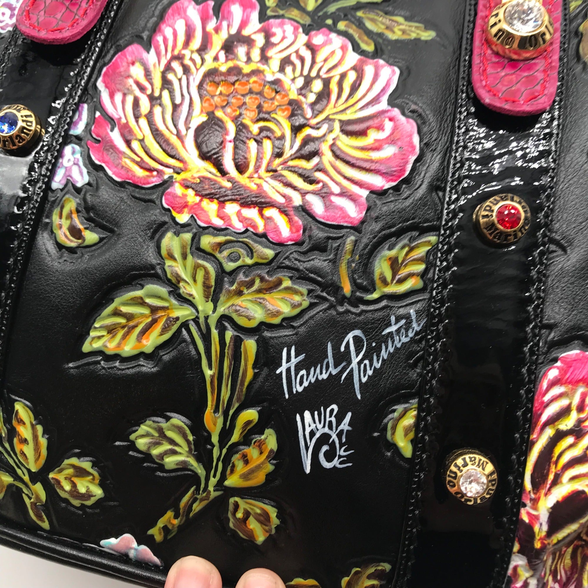 Marino Orlandi Handpainted Black with Pink Flowers Leather Designer Satchel