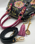 Marino Orlandi Handpainted Black with Pink Flowers Leather Designer Satchel