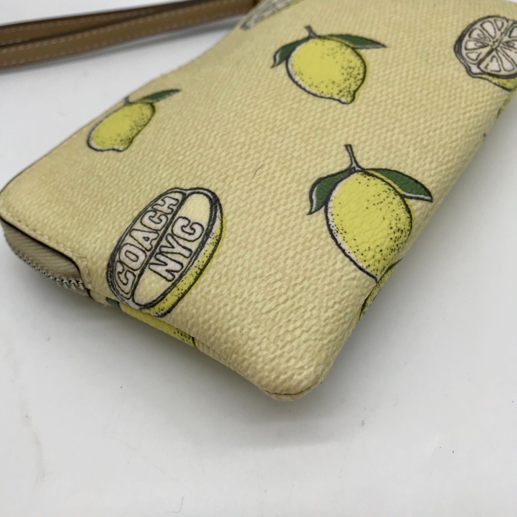 Coach Yellow Canvas Lemon Print Corner Zip Wristlet