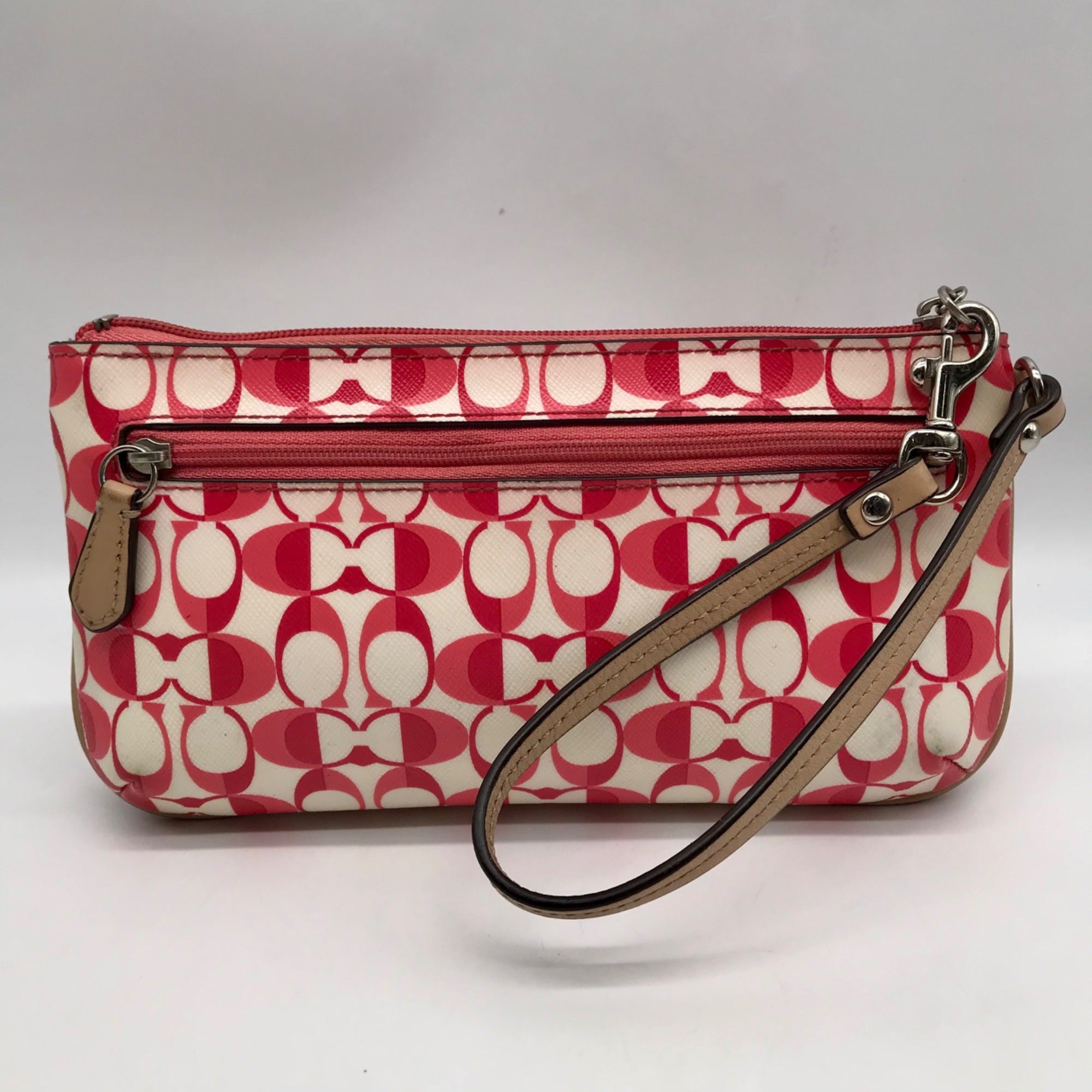 Coach Pink And White Coated Canvas Peyton Dream Monogram Wristlet