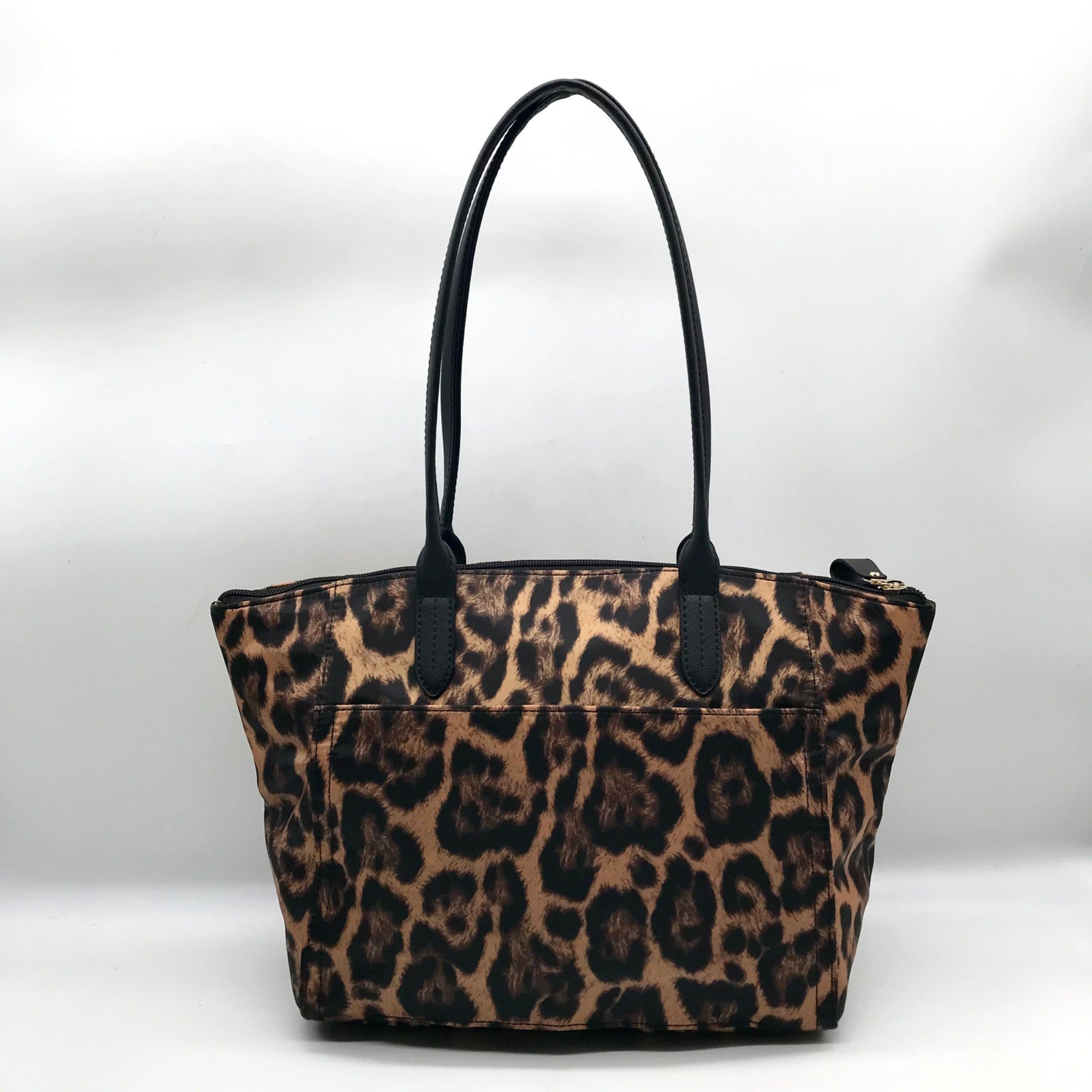 Michael Kors Black Leopard Print Nylon Kelsey Zip Top Tote Bag