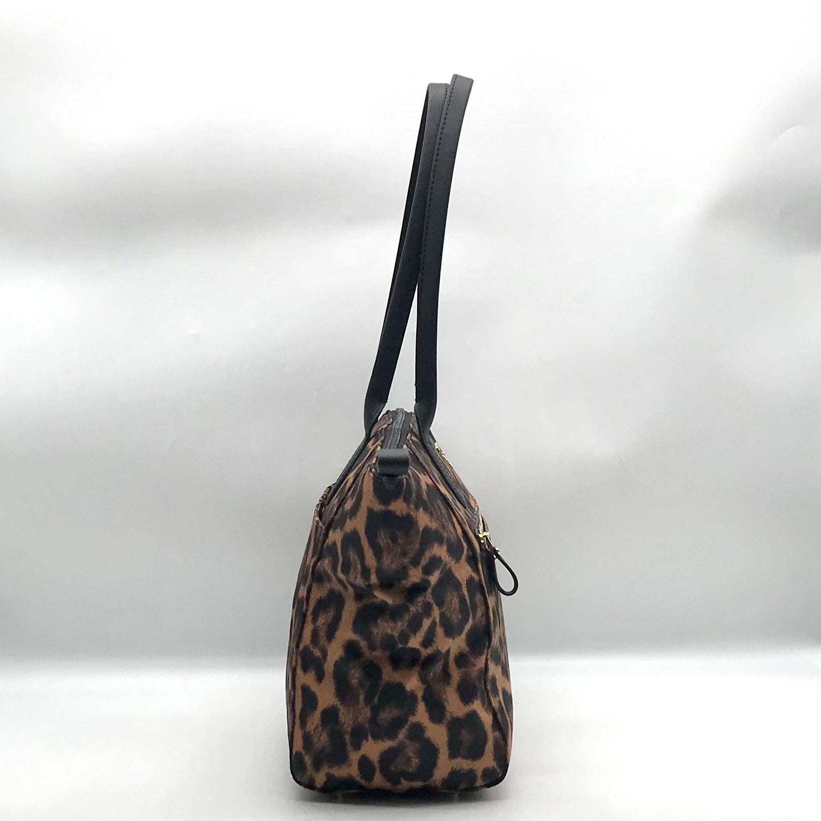 Michael Kors Black Leopard Print Nylon Kelsey Zip Top Tote Bag