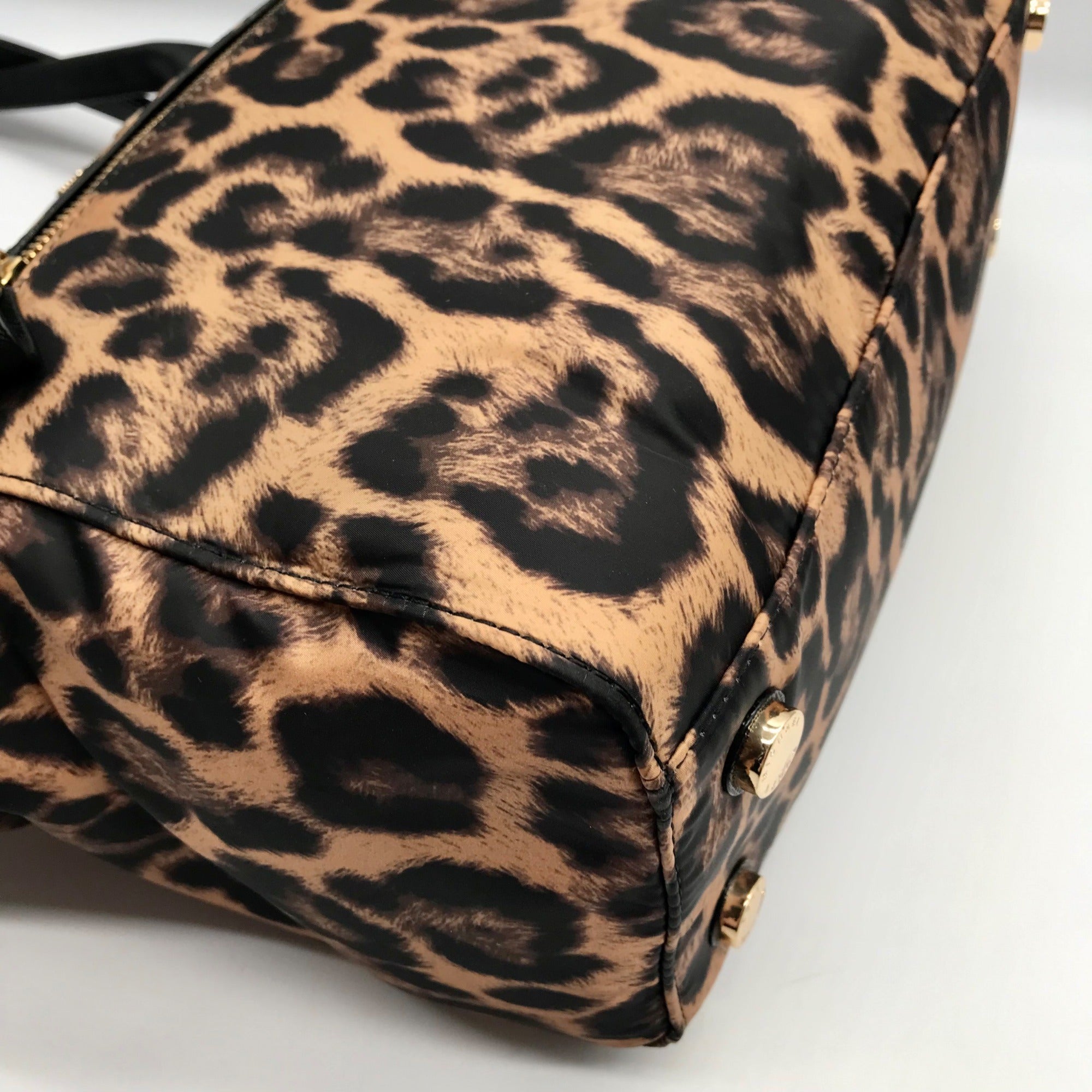 Michael Kors Black Leopard Print Nylon Kelsey Zip Top Tote Bag