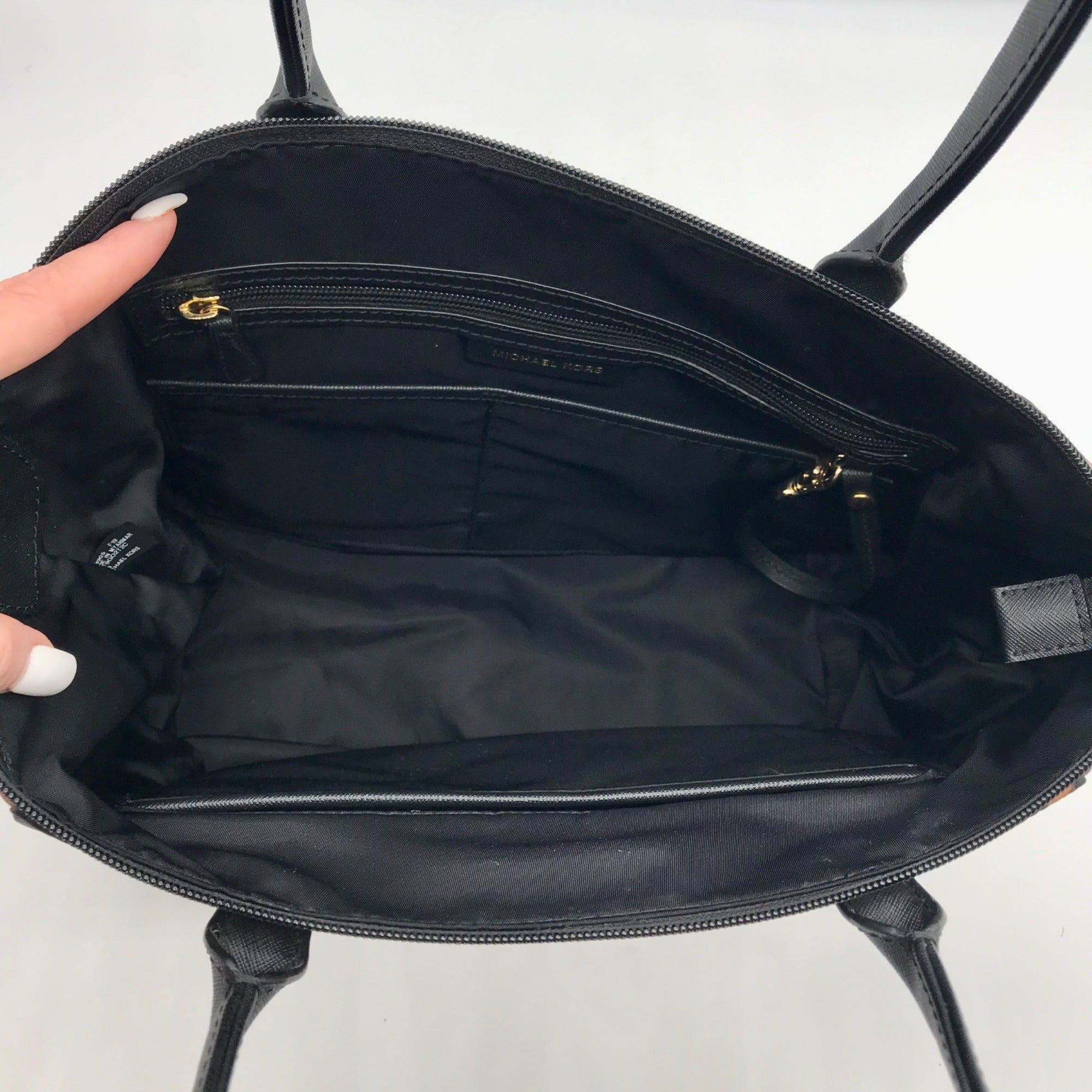 Michael Kors Black Leopard Print Nylon Kelsey Zip Top Tote Bag