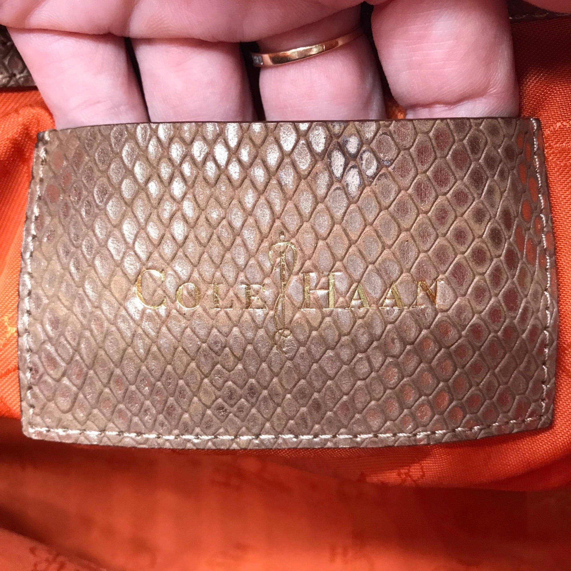 Cole Haan Metallic Bronze Lizard Embossed Leather Tote Bag