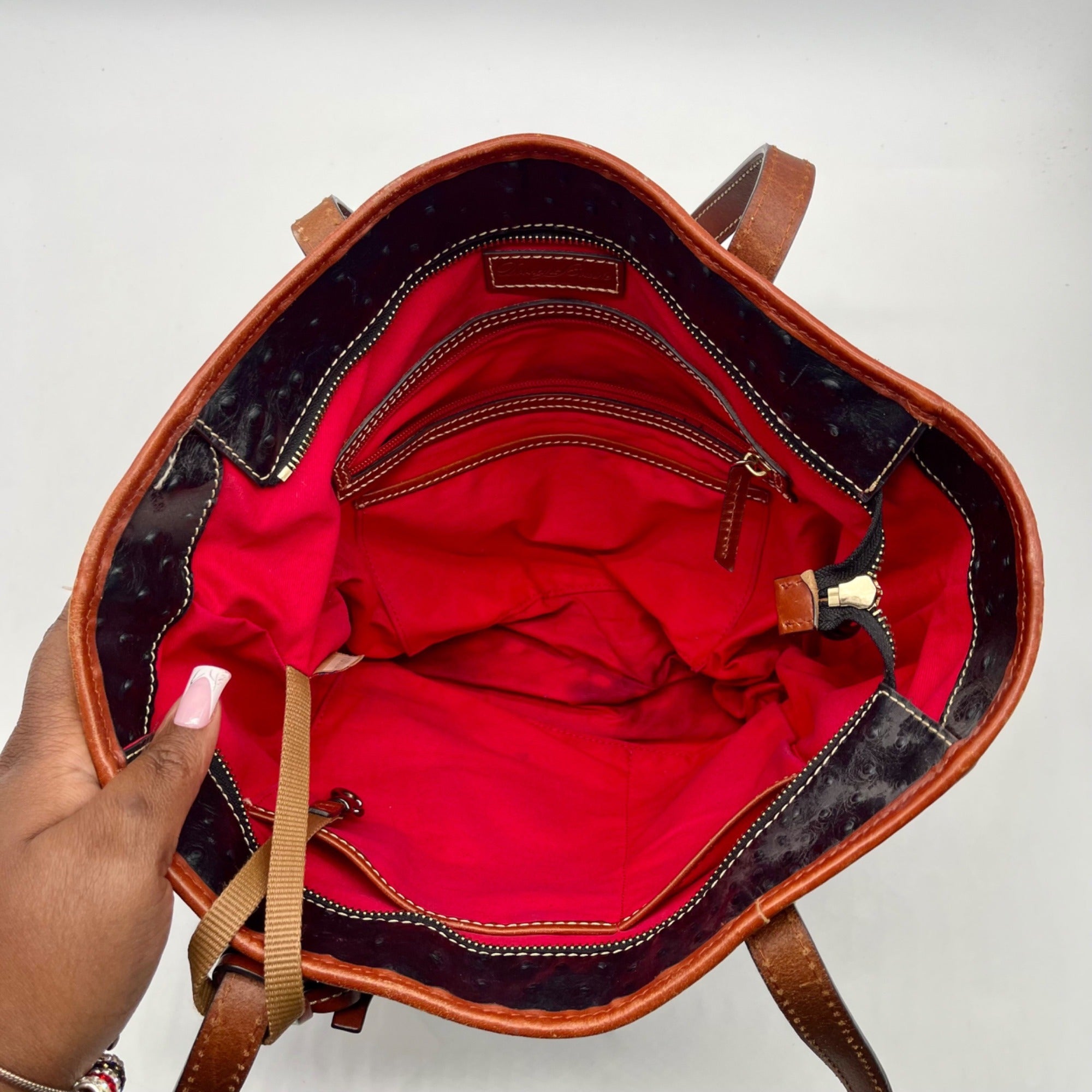 Dooney &amp; Bourke Black &amp; Brown Ostrich Leather Charleston Tote