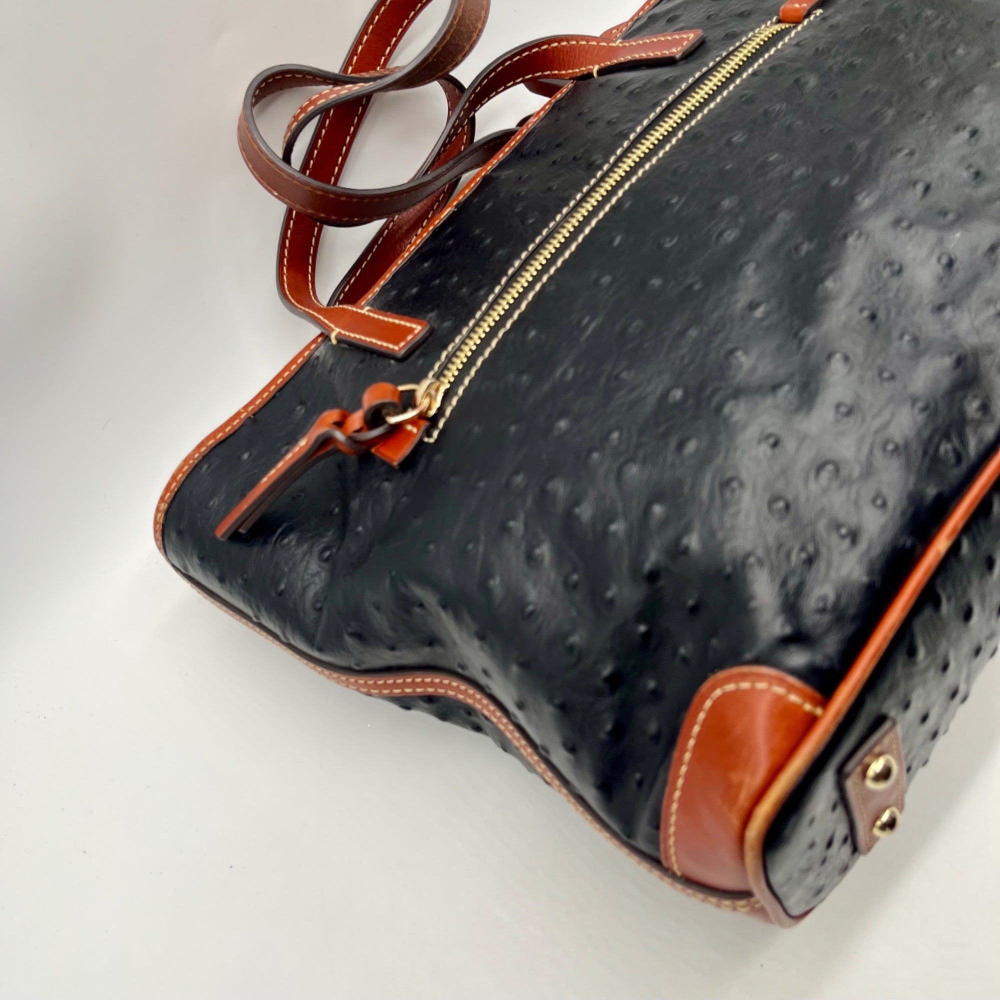 Dooney &amp; Bourke Black &amp; Brown Ostrich Leather Charleston Tote