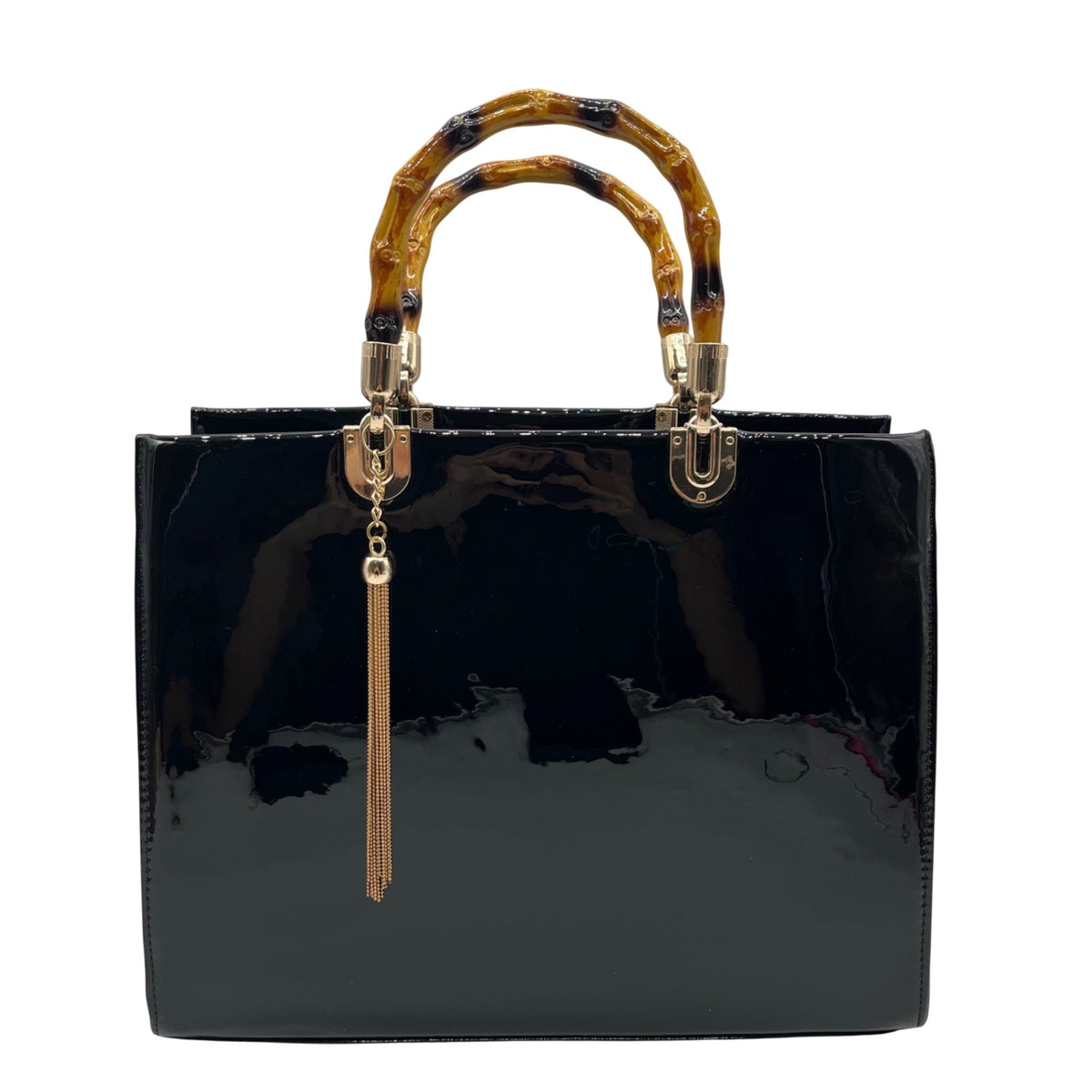 Dasein Black Patent Faux Leather Bamboo Handle Tote Bag