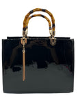 Dasein Black Patent Faux Leather Bamboo Handle Tote Bag
