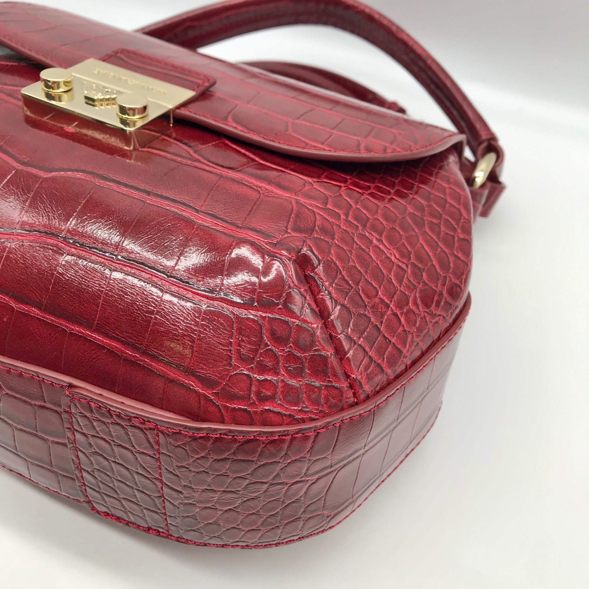 Emporio Armani Burgundy Croc Embossed Leather Crossbody Bag