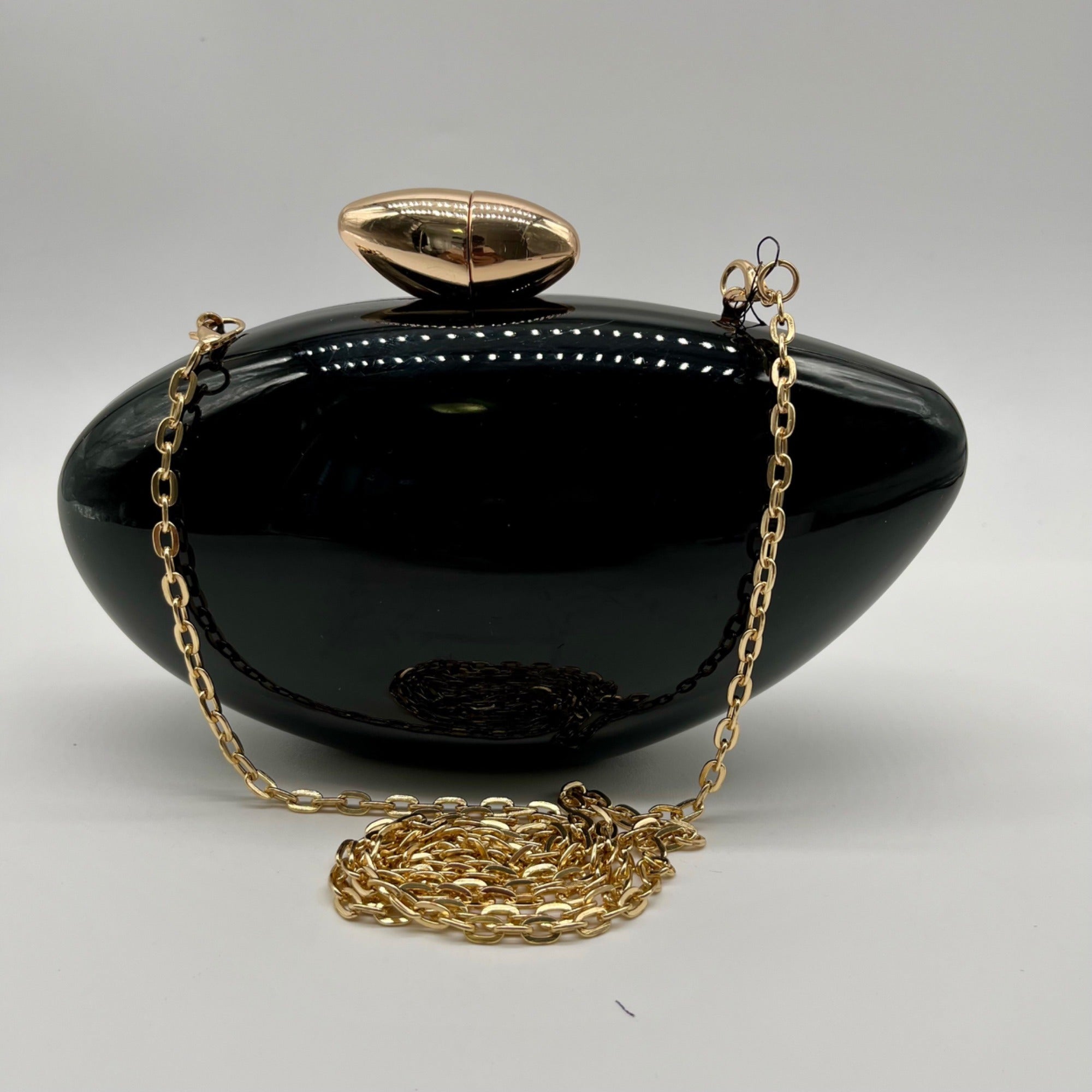 Black Glossy Oval Hard-Case Minaudière Evening Clutch Bag