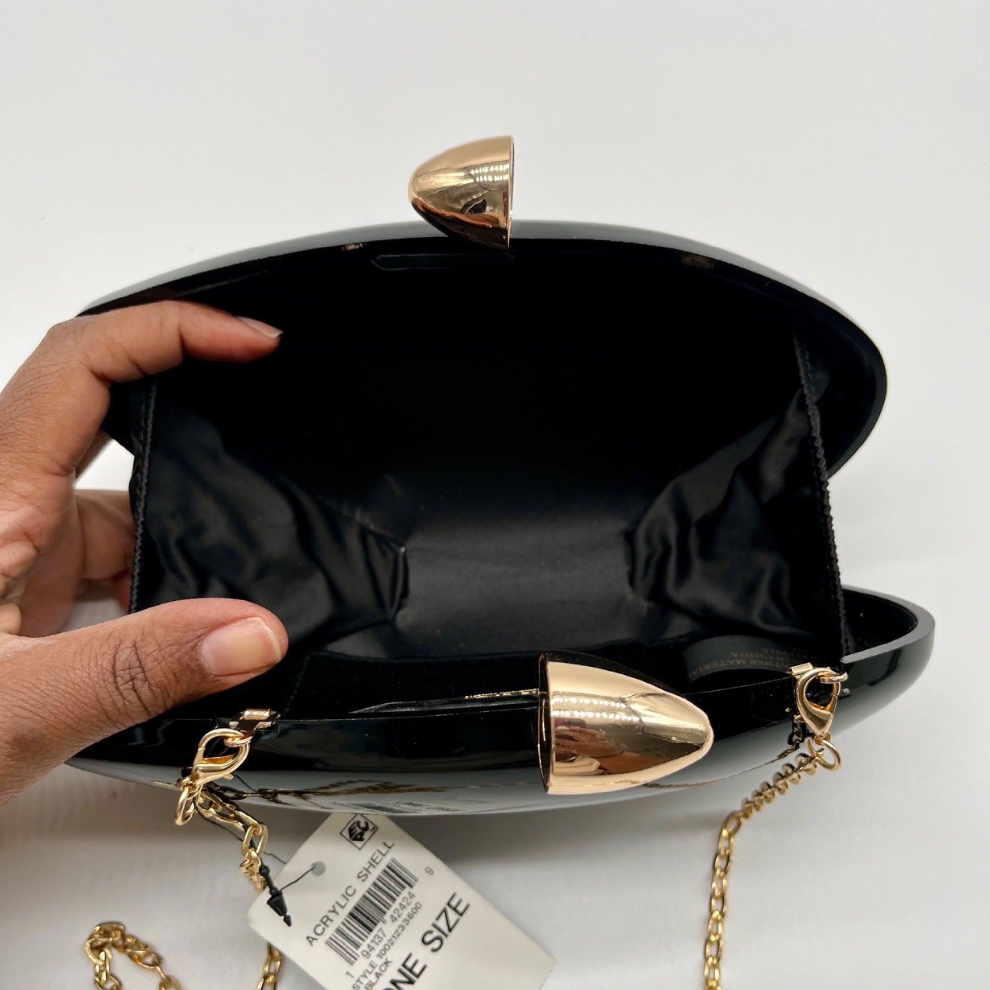 Black Glossy Oval Hard-Case Minaudière Evening Clutch Bag