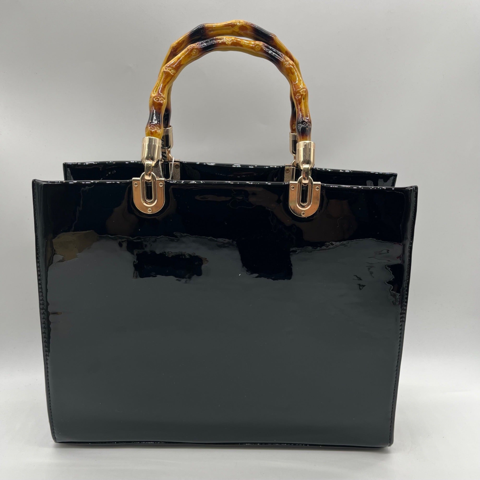 Dasein Black Patent Faux Leather Bamboo Handle Tote Bag